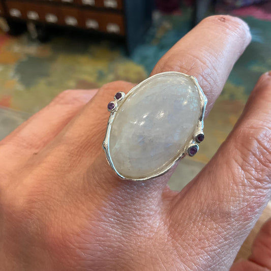 Sterling silver natural moonstone oval amethyst ring 7