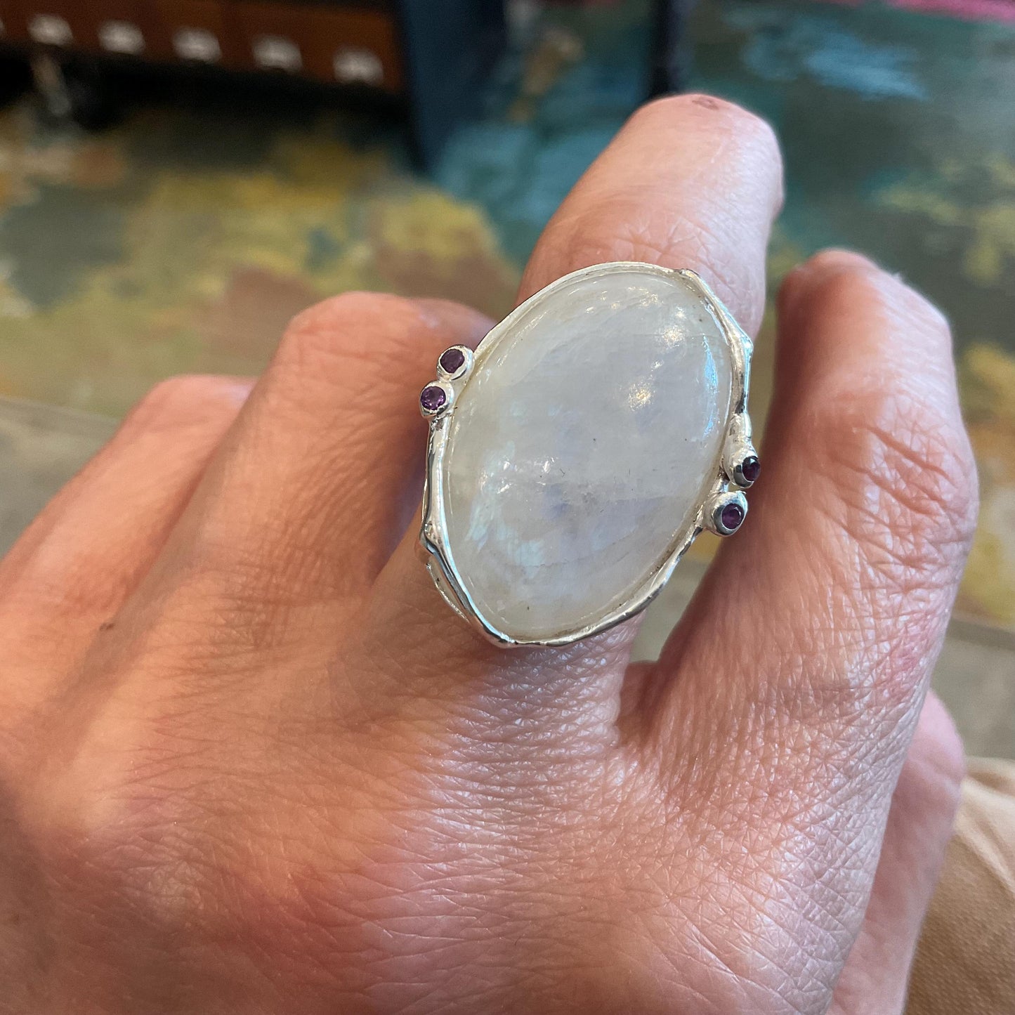 Sterling silver natural moonstone oval amethyst ring 7