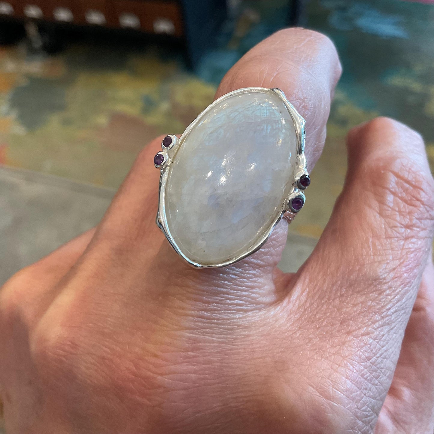 Sterling silver natural moonstone oval amethyst ring 7