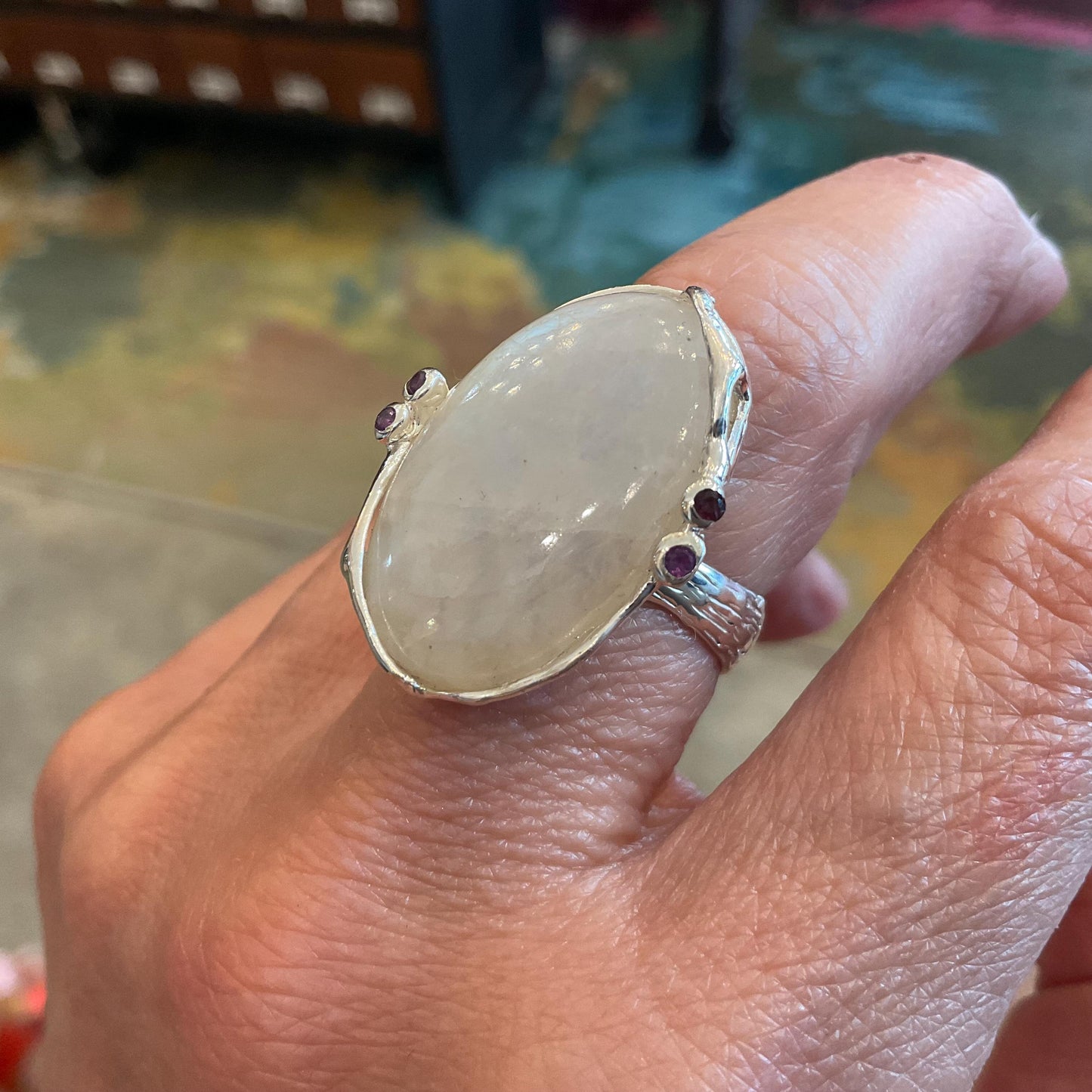 Sterling silver natural moonstone oval amethyst ring 7