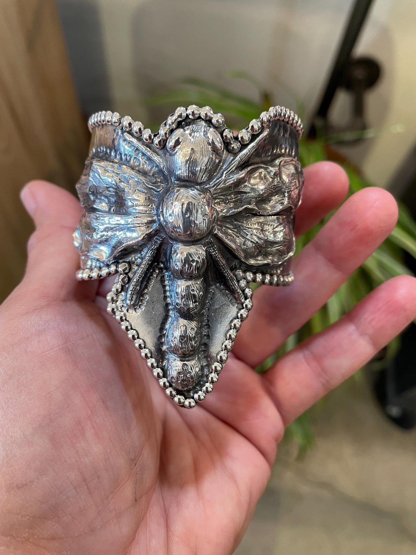 sterling silver repousse dragonfly bracelet artisan cuff