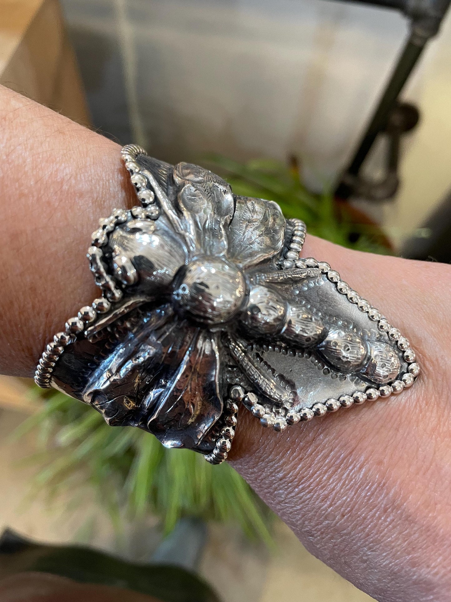 sterling silver repousse dragonfly bracelet artisan cuff