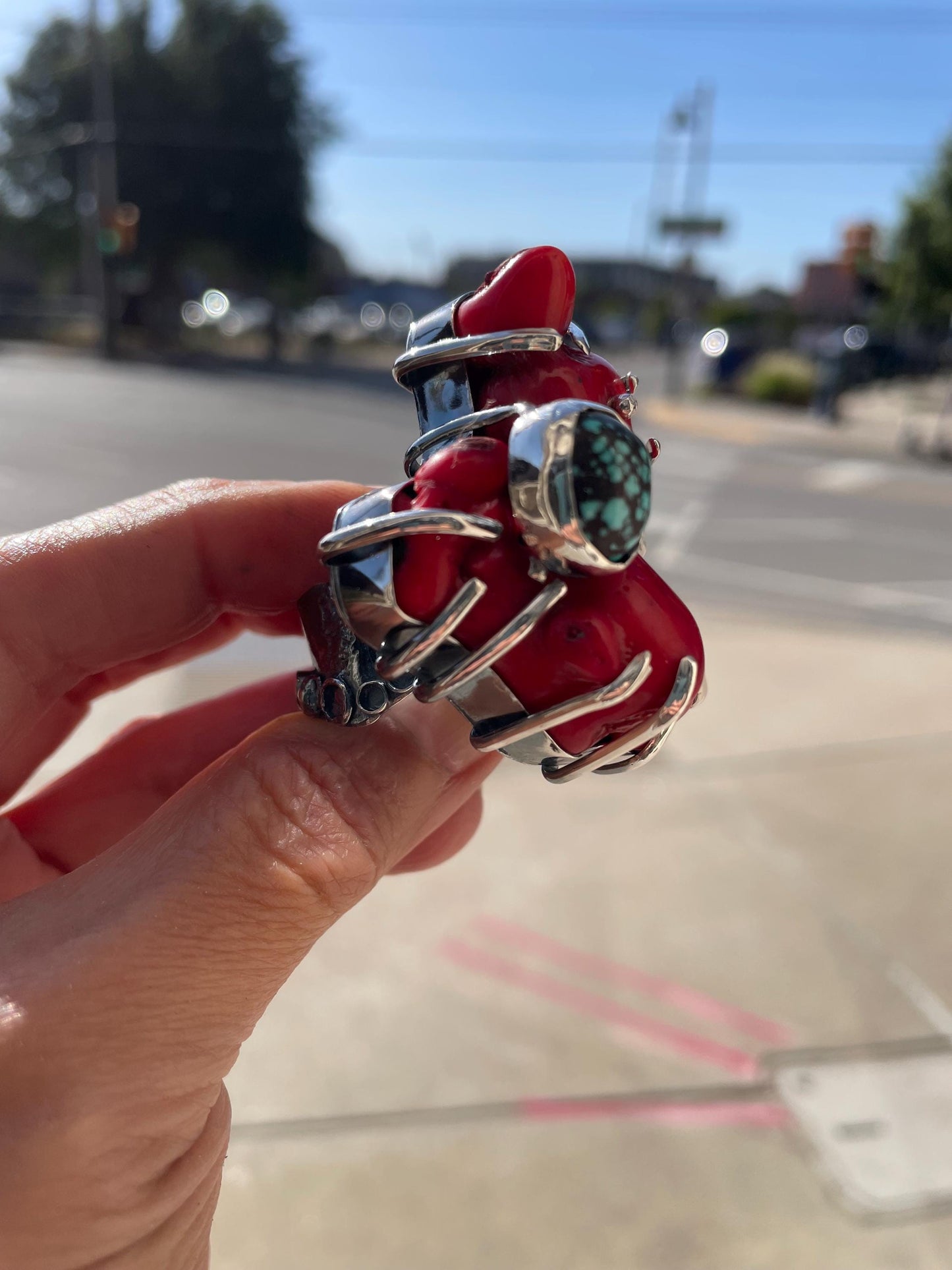 Sterling Statement red coral branch turquoise brutalist huge adjustable cuff ring