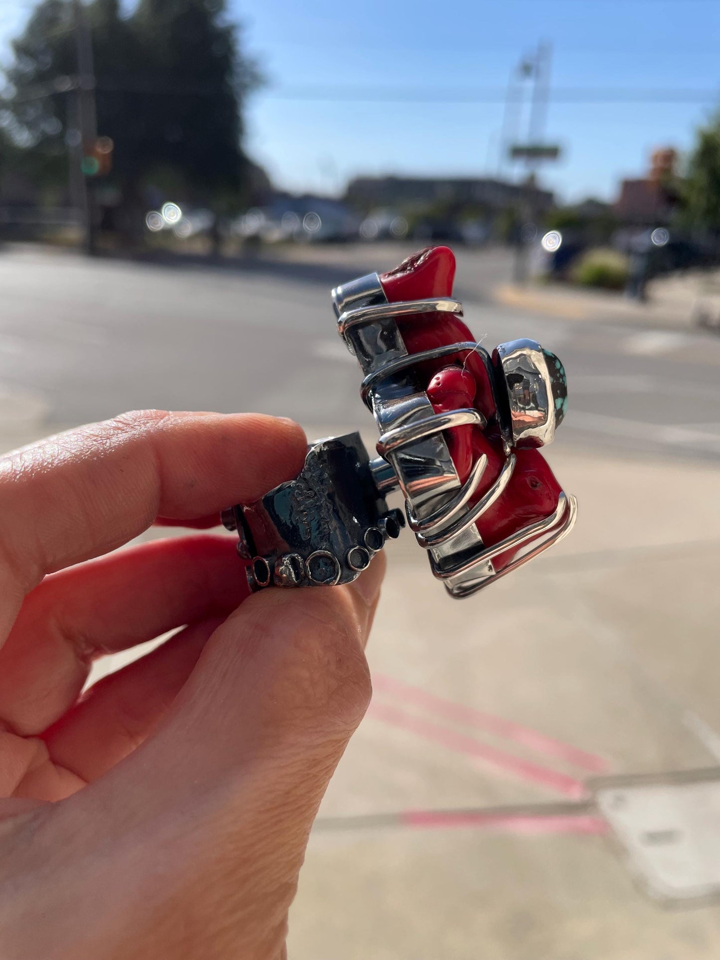 Sterling massive red coral branch turquoise brutalist huge cuff ring