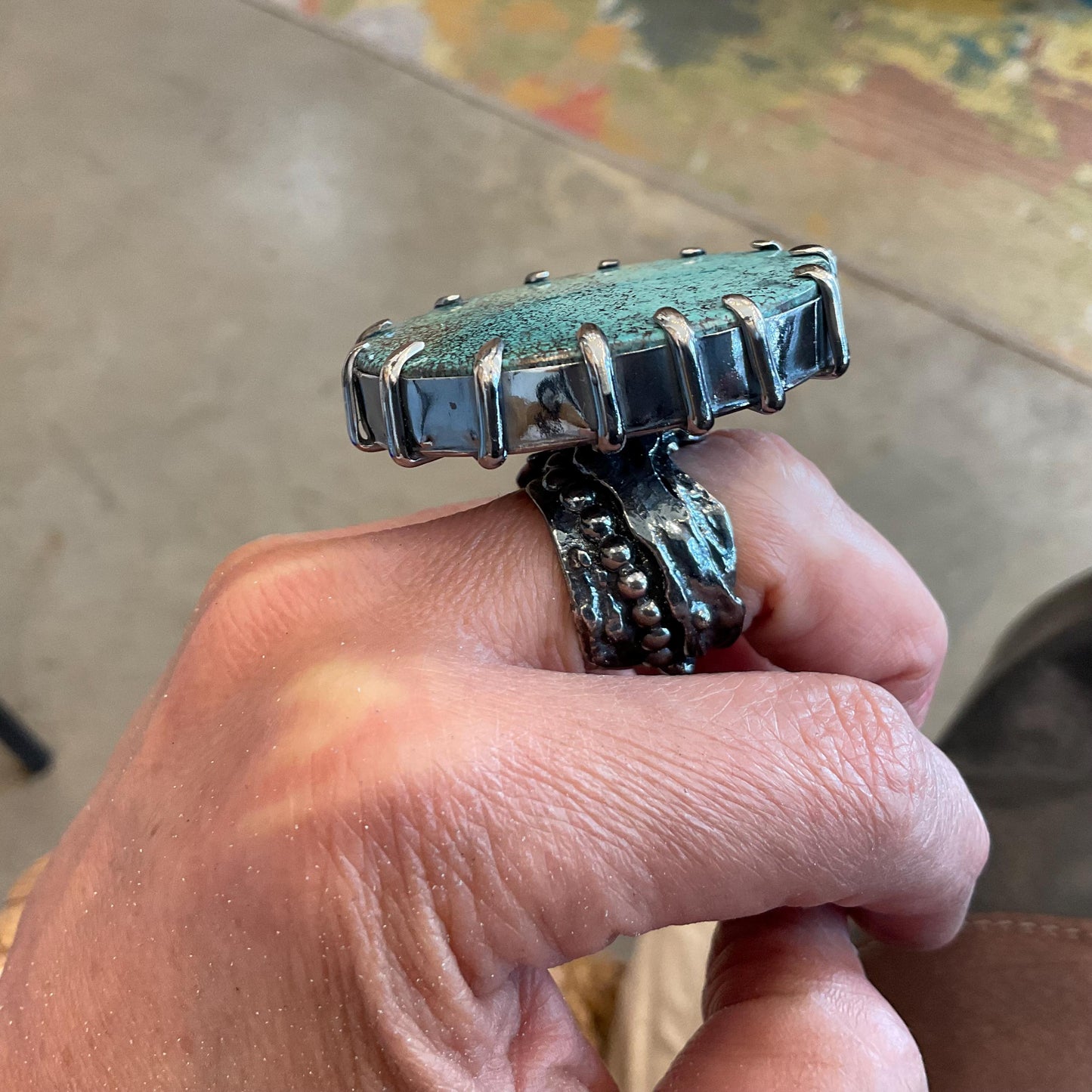 Sterling Statement turquoise huge adjustable brutalist art cuff ring