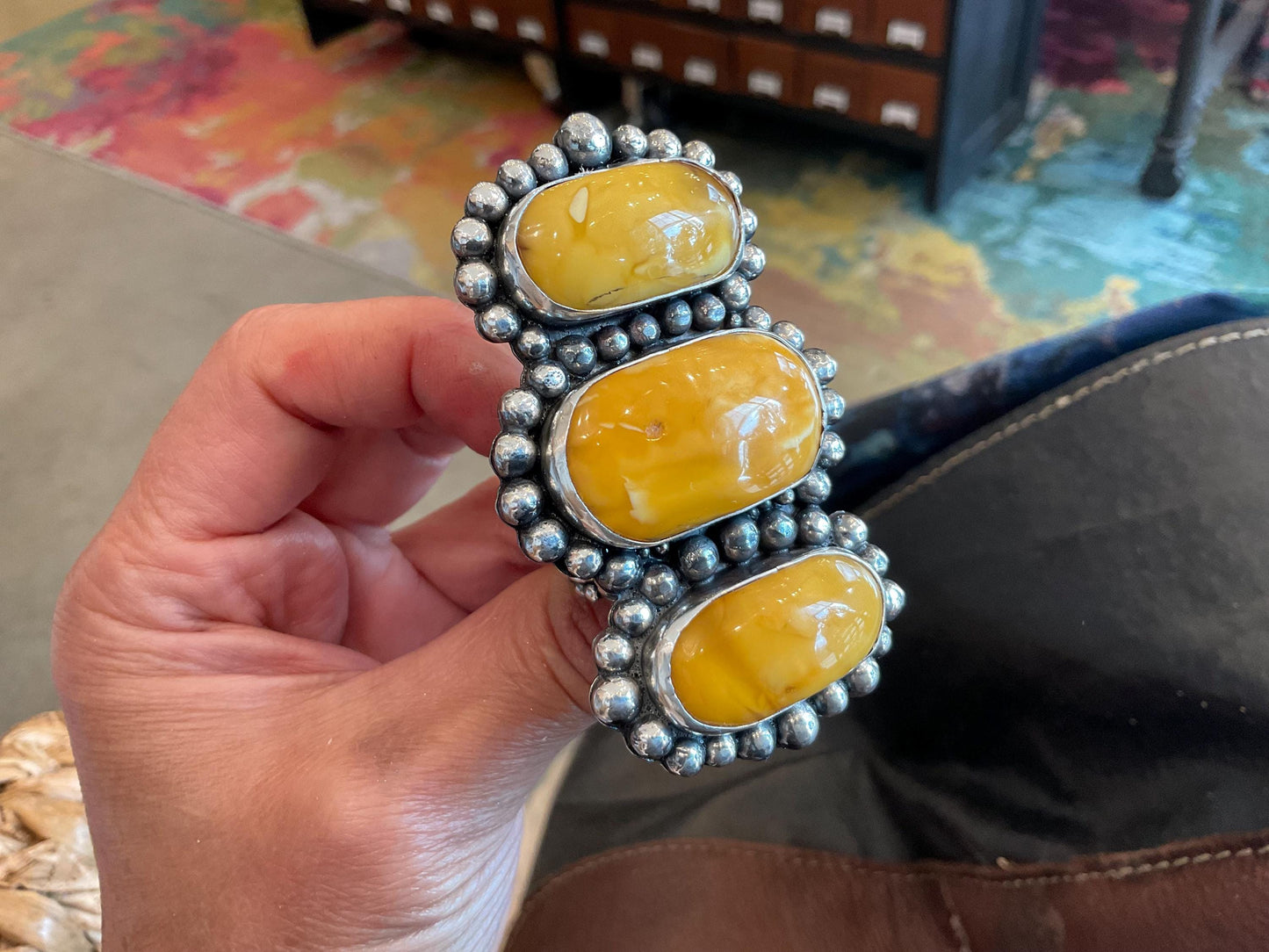 sterling silver huge brutalist butterscotch Baltic amber egg yolk cuff ring 7.5-10