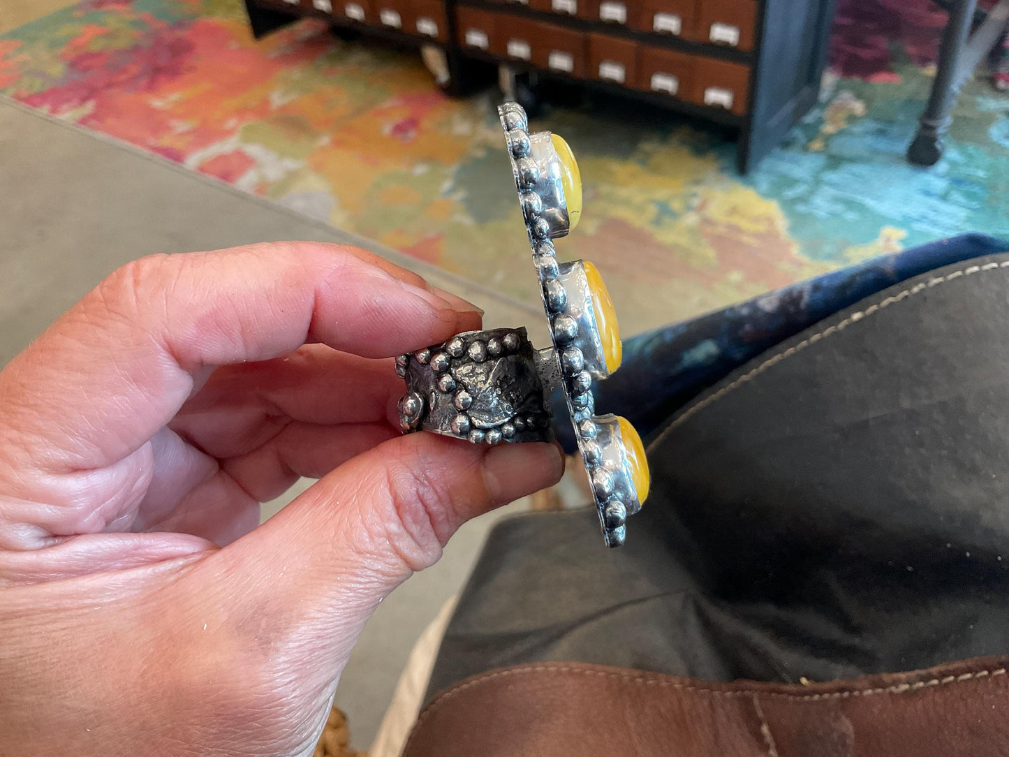 sterling silver huge brutalist butterscotch Baltic amber egg yolk cuff ring 7.5-10