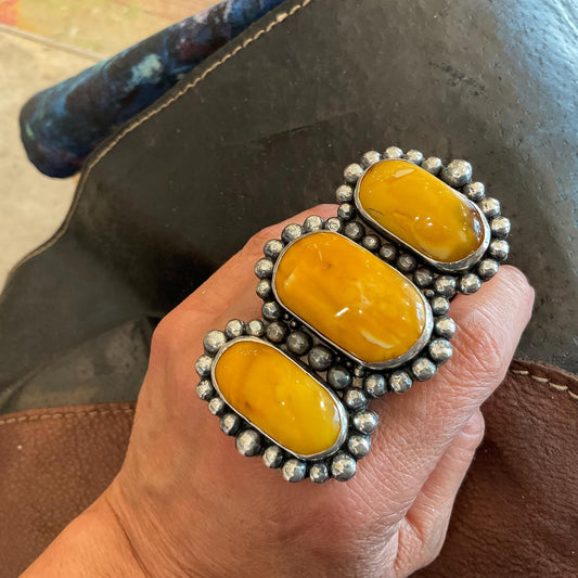 sterling silver huge brutalist butterscotch Baltic amber egg yolk cuff ring 7.5-10