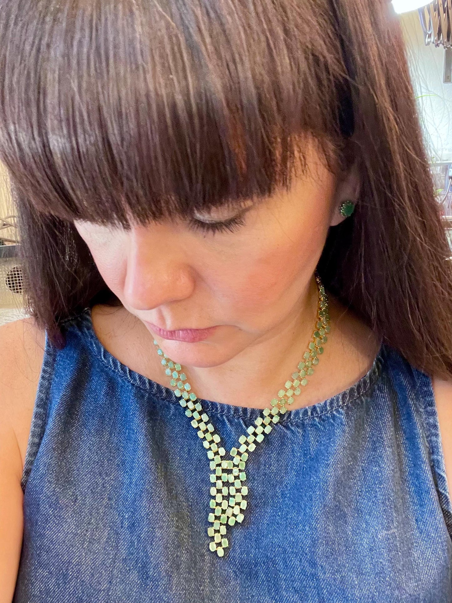 Sterling silver statement natural Emerald gold Necklace lariat