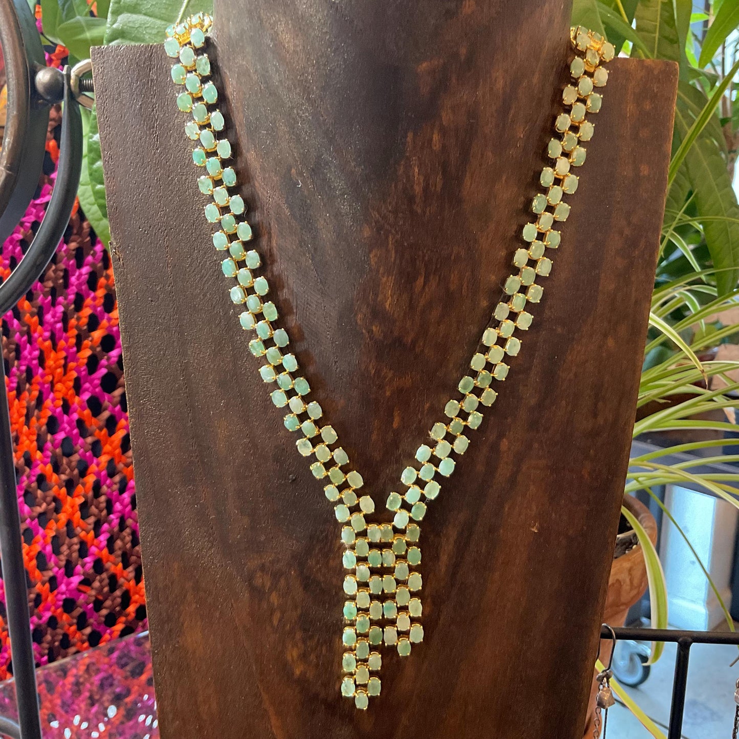 Sterling silver statement natural Emerald gold Necklace lariat