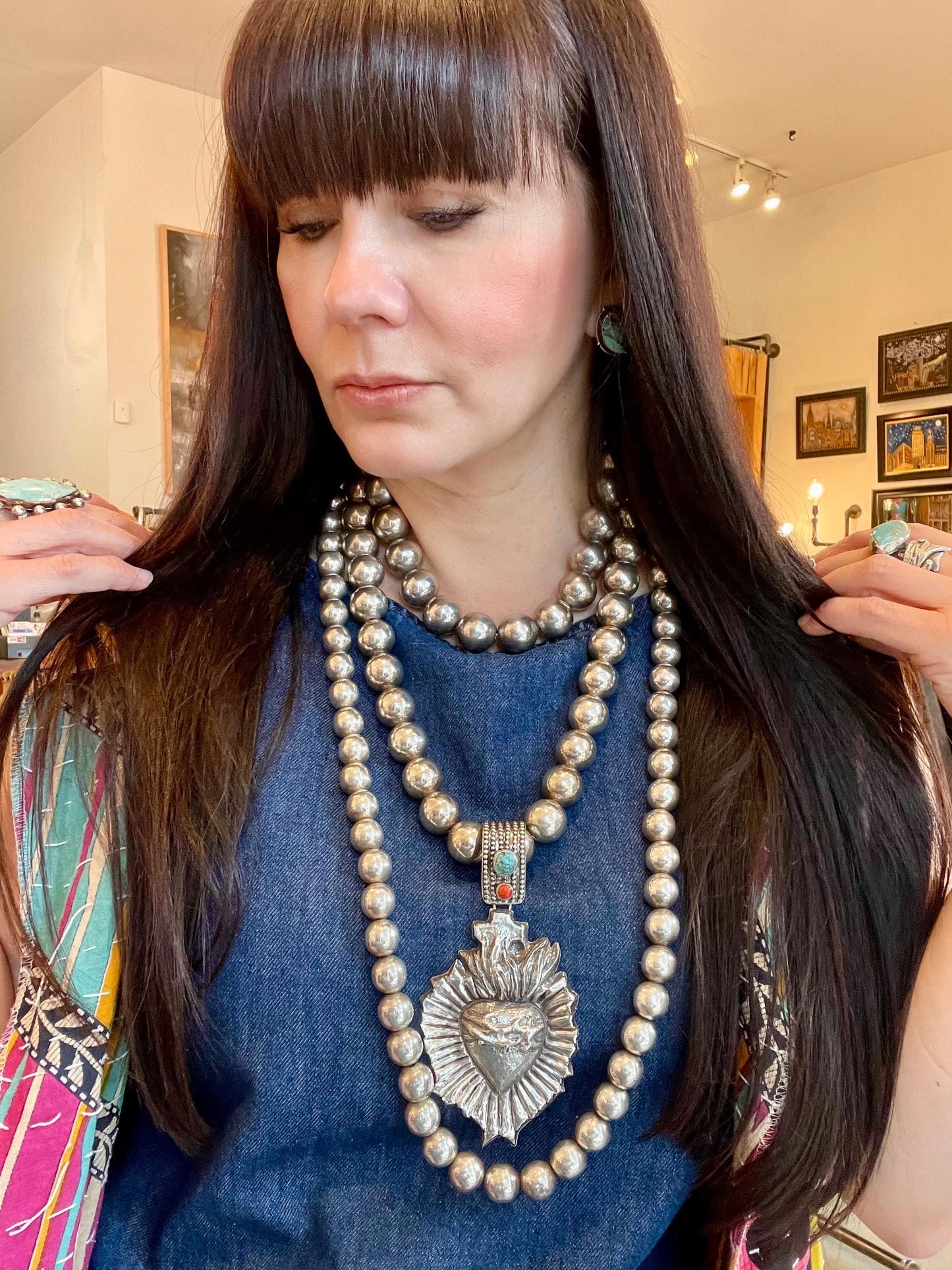 Sterling silver vintage pearl bench bead long necklace 24” long