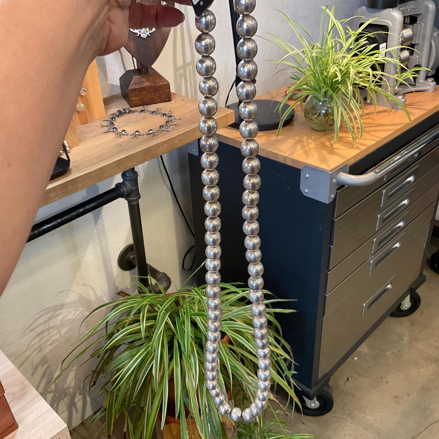 Sterling silver vintage pearl bench bead long necklace 36”