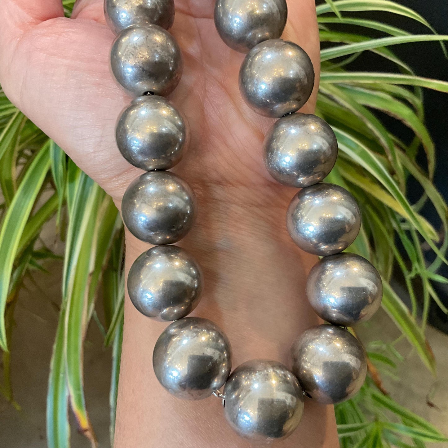 Sterling silver vintage pearl bench bead  necklace 17” long