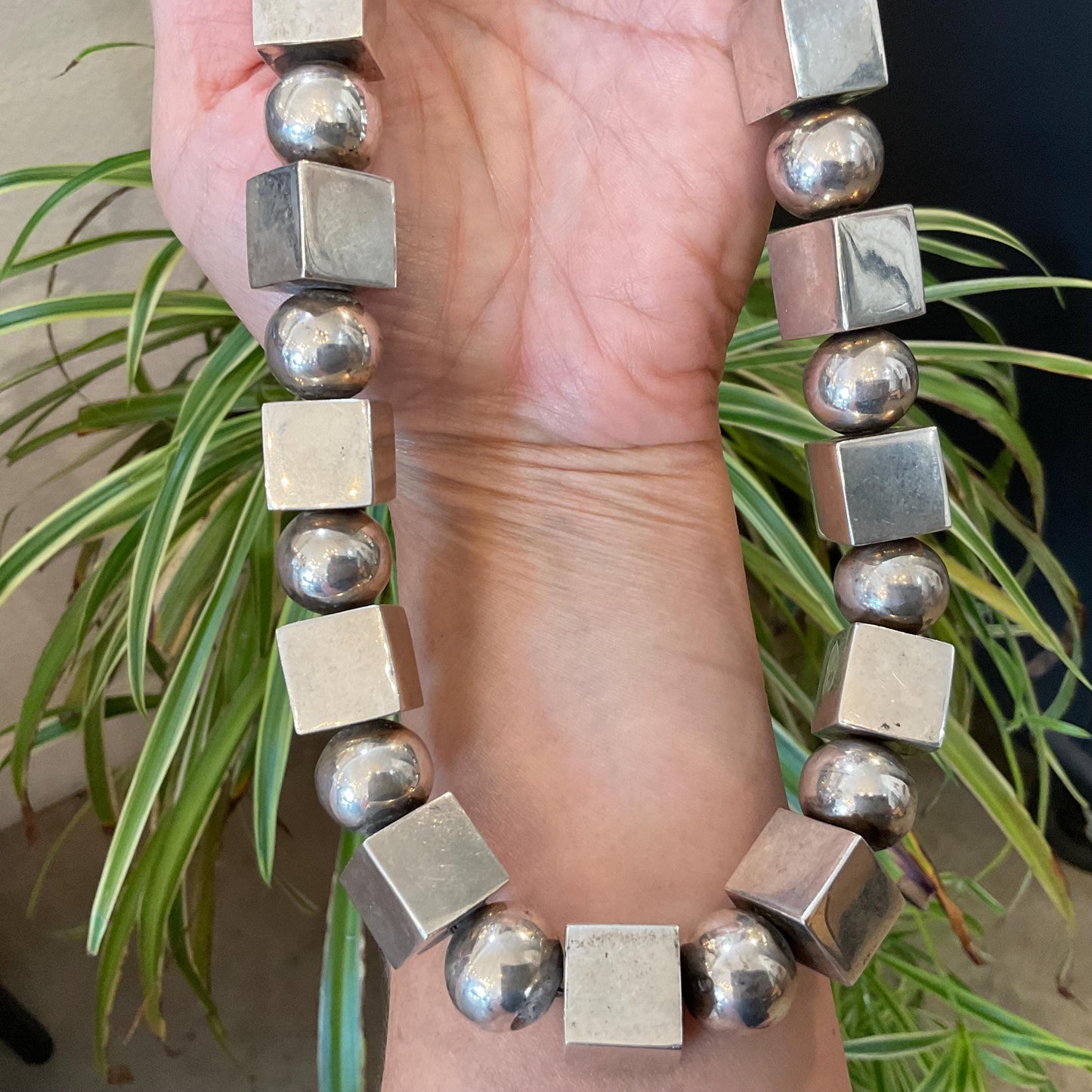 Sterling silver vintage pearl bench bead square statement necklace 20” long