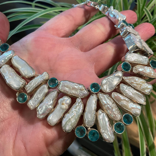 sterling silver Natural biwa Pearl vintage Statement necklace