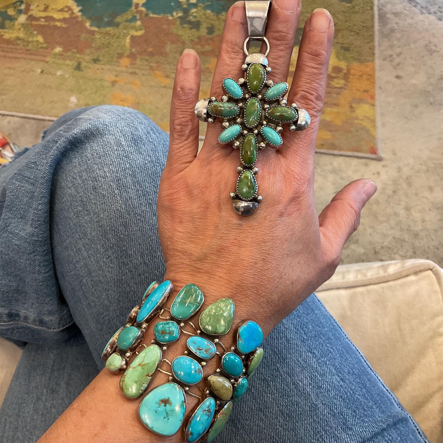 sterling silver genuine turquoise Oversize huge cross Pendant