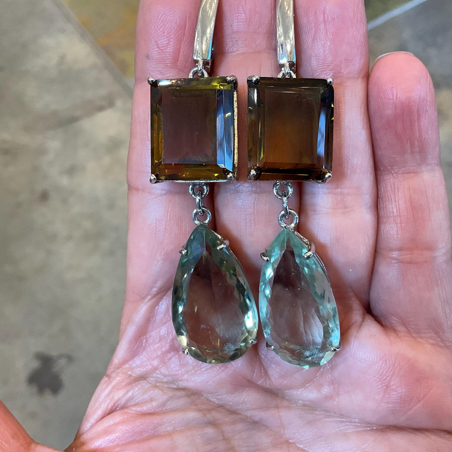 Sterling silver citrine emerald cut green pear shape amethyst statement earrings