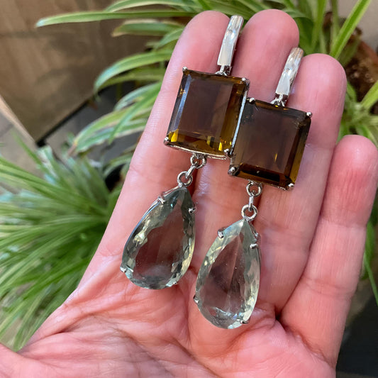 Sterling silver citrine emerald cut green pear shape amethyst statement earrings