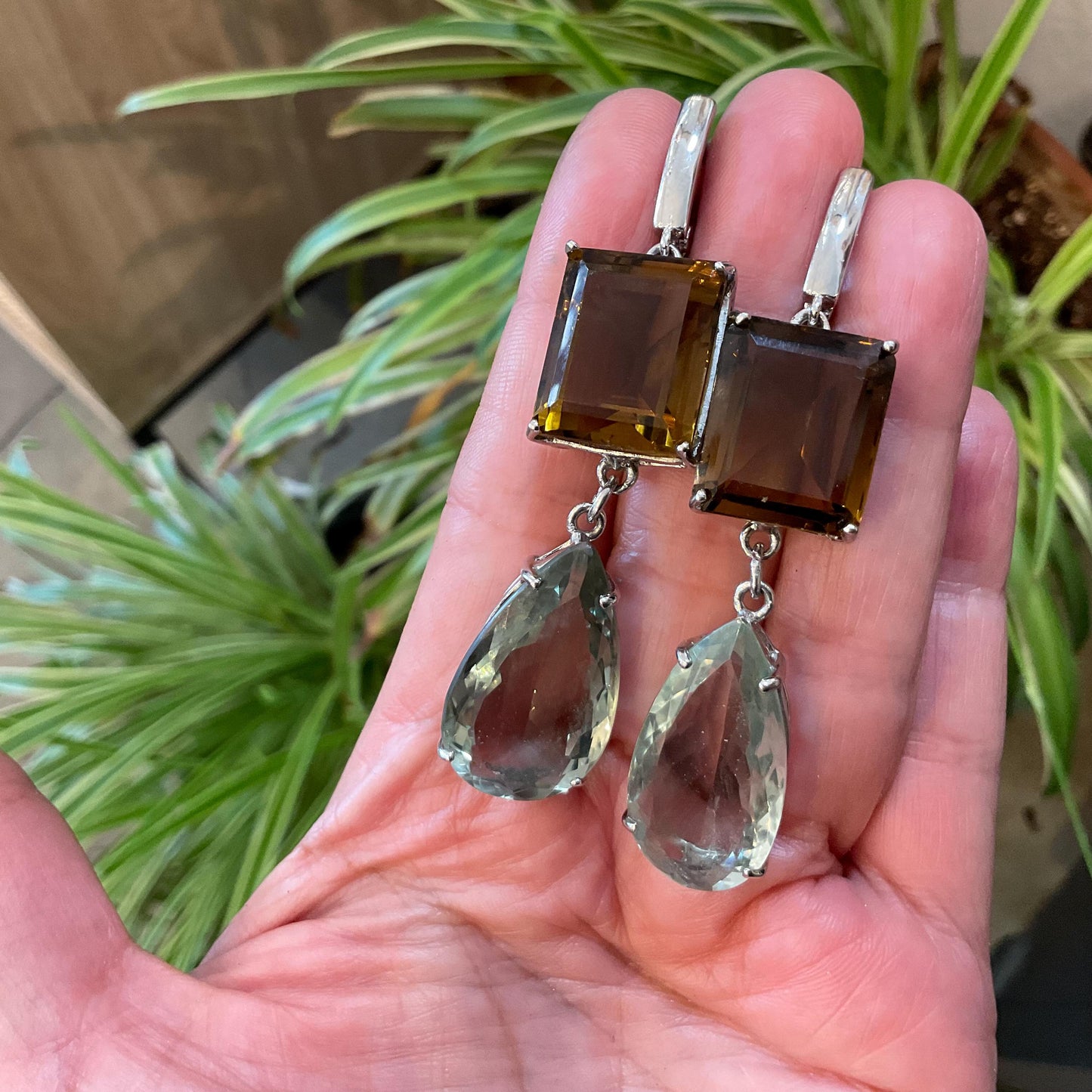 Sterling silver citrine emerald cut green pear shape amethyst statement earrings