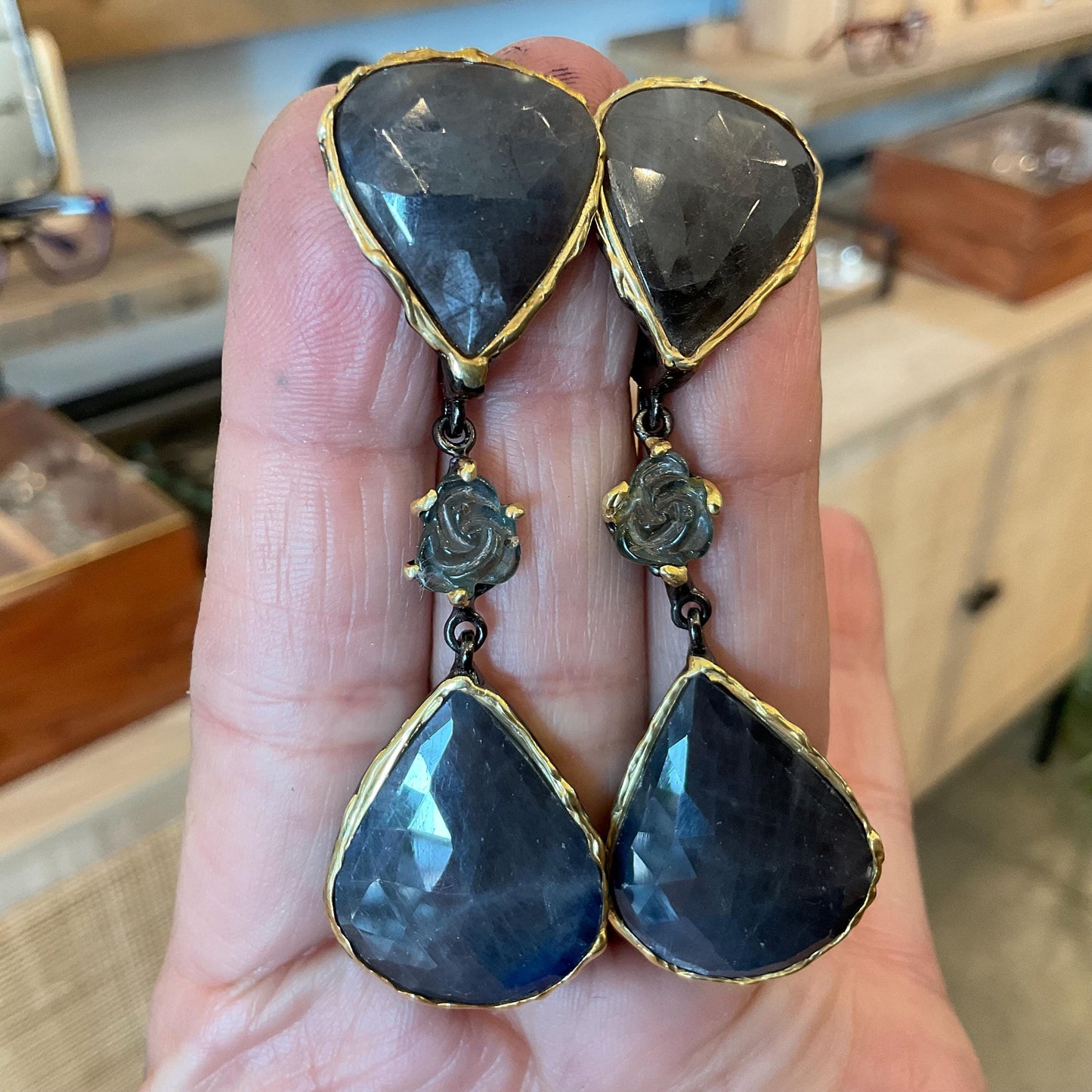 sterling silver statement natural sapphire tourmaline rose dangle earrings