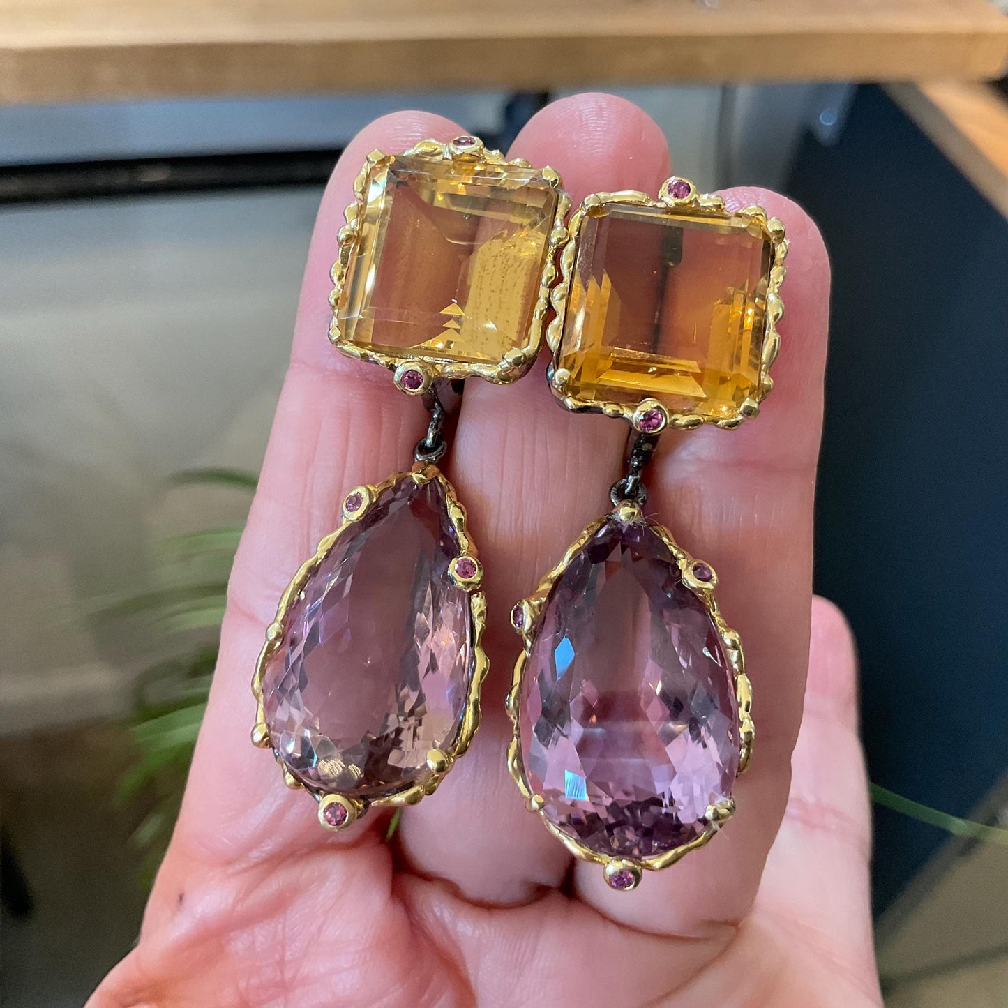 Sterling silver Ametrine pear shape emerald cut citrine fancy large dangle earrings