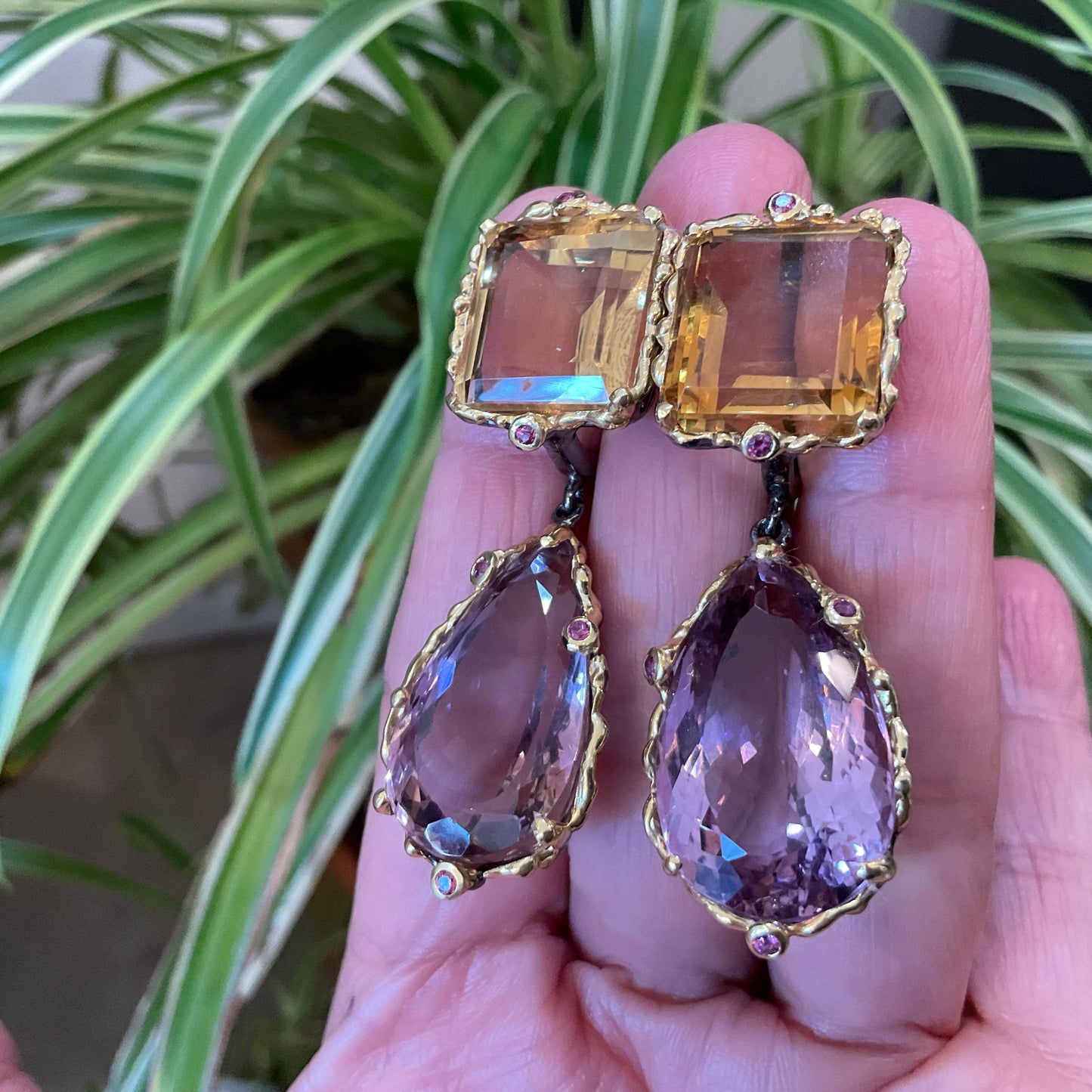 Sterling silver Ametrine pear shape emerald cut citrine fancy large dangle earrings