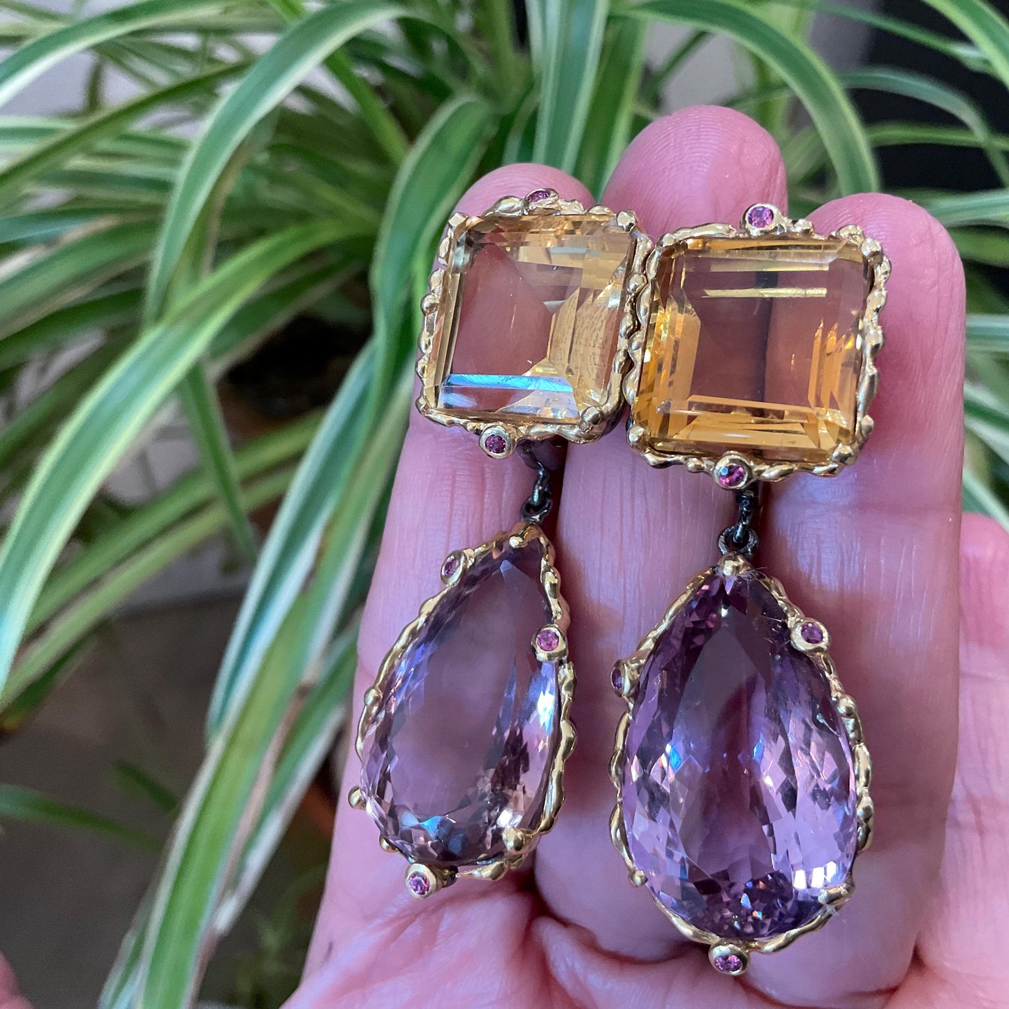 Sterling silver Ametrine pear shape emerald cut citrine fancy large dangle earrings