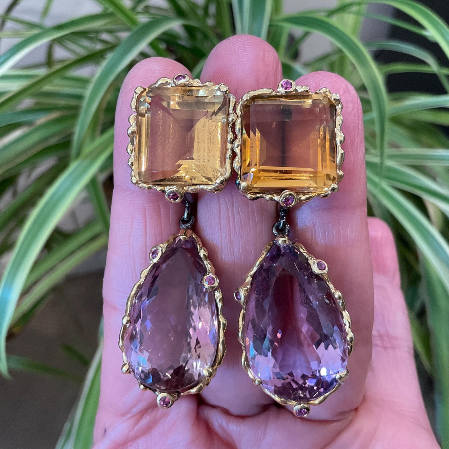 Sterling silver Ametrine pear shape emerald cut citrine fancy large dangle earrings