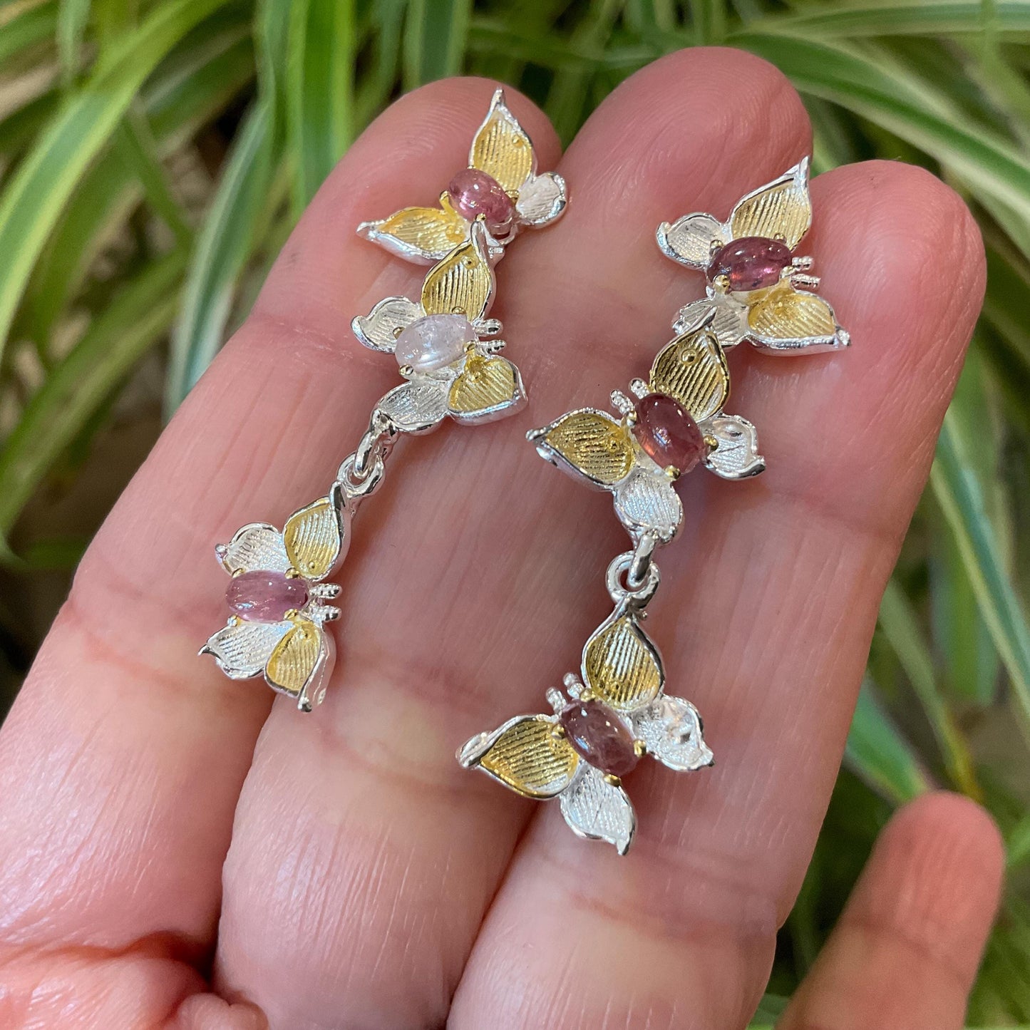 sterling silver statement tourmaline  butterfly stud dangle  earrings