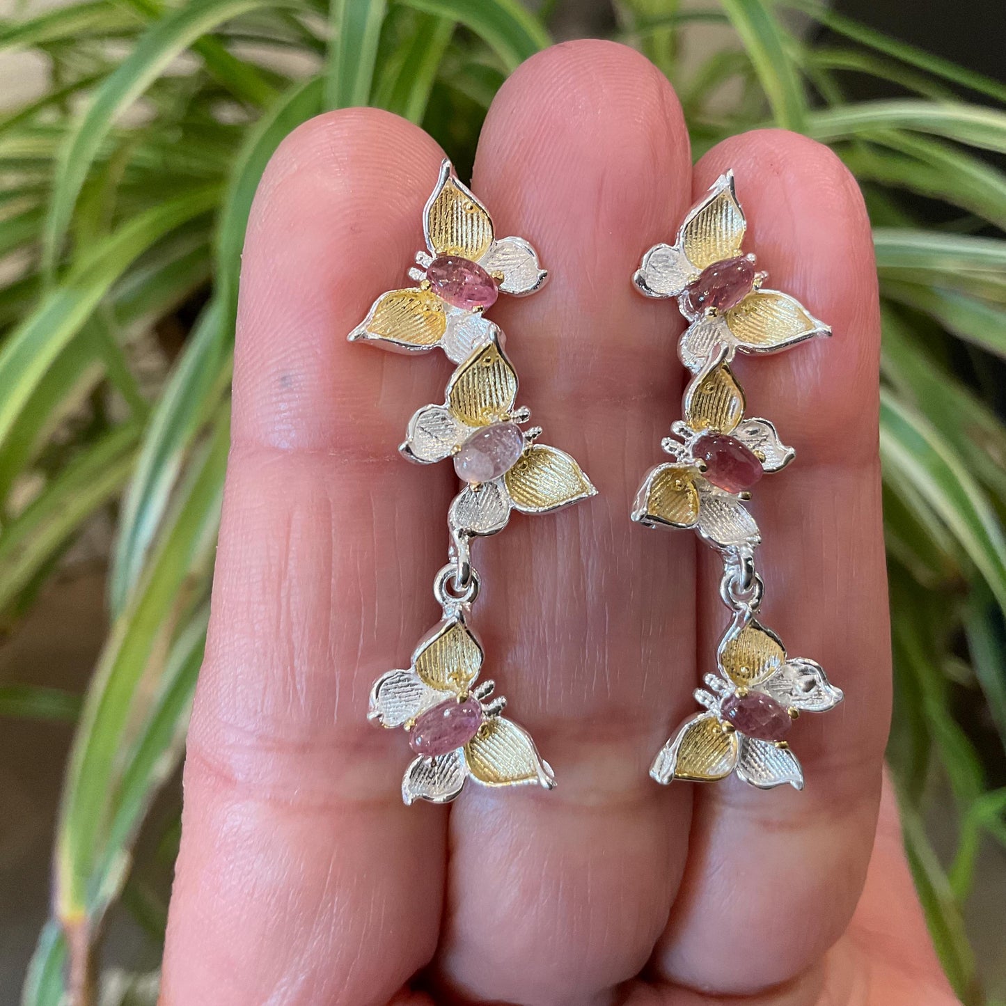 sterling silver statement tourmaline  butterfly stud dangle  earrings