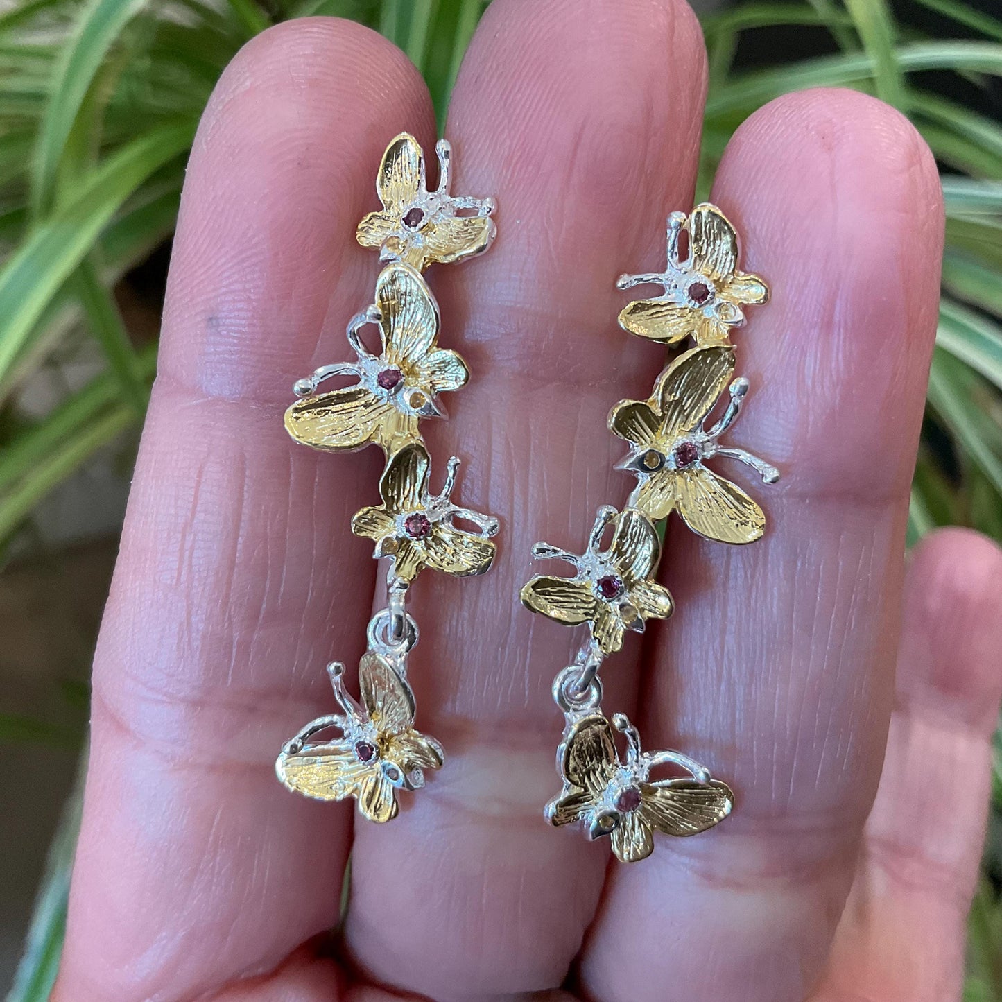 sterling silver statement rhodolite butterfly stud dangle  earrings