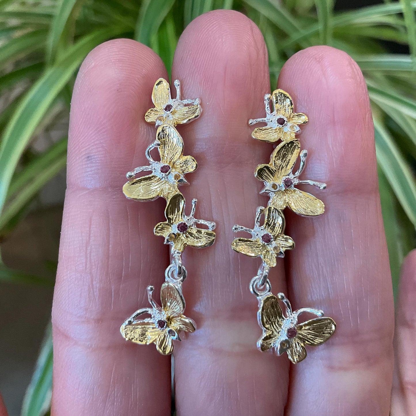 sterling silver statement rhodolite butterfly stud dangle  earrings