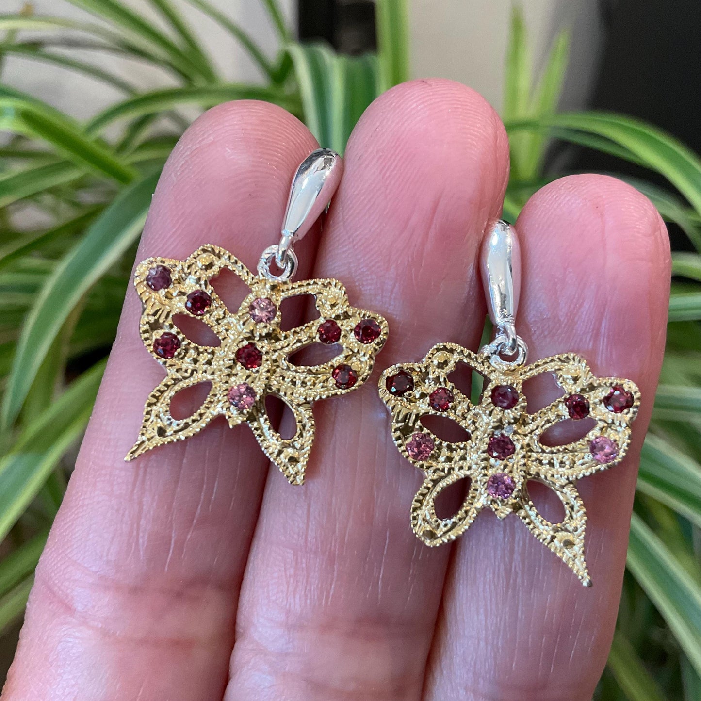 sterling silver statement rhodolite pink red butterfly stud dangle  earrings