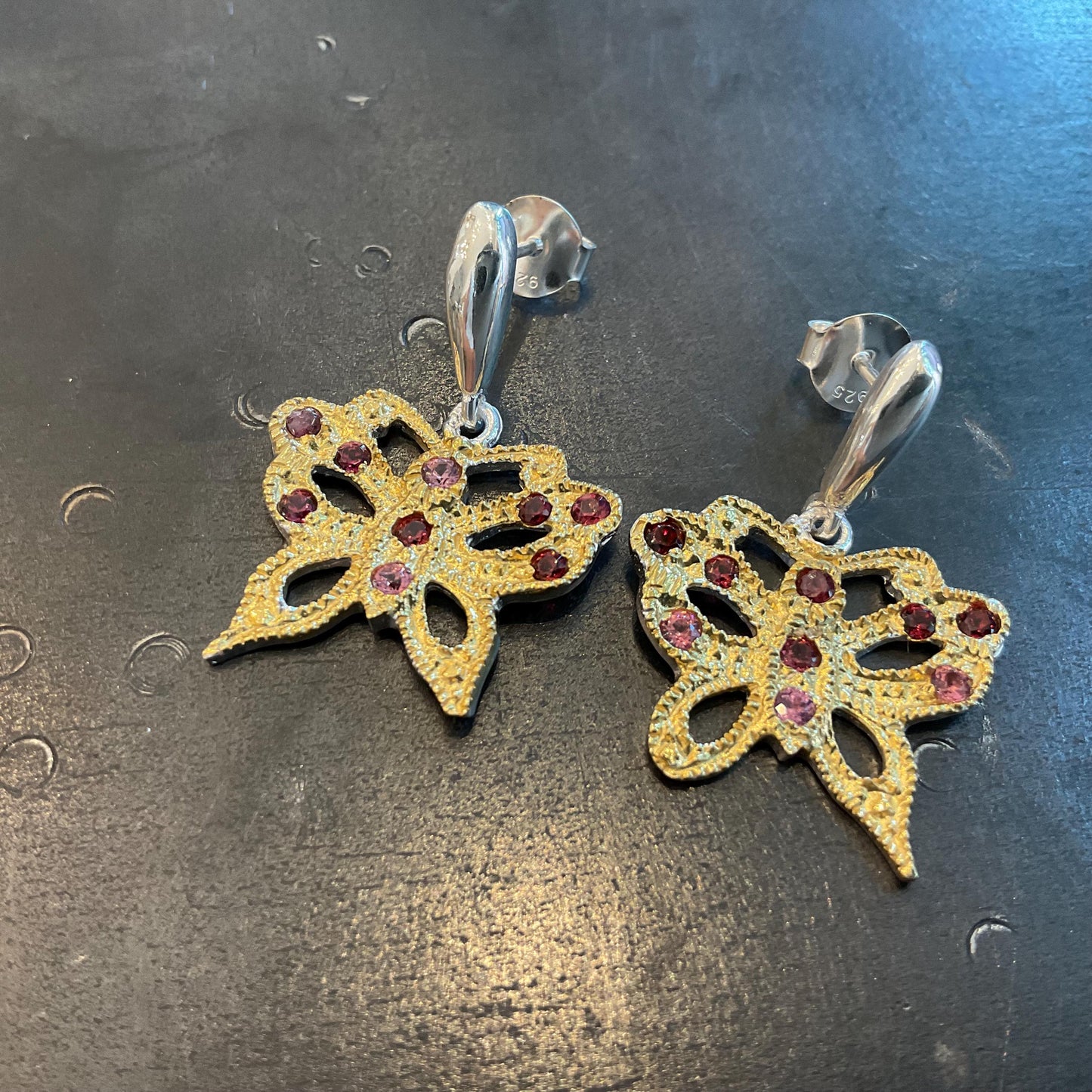 sterling silver statement rhodolite pink red butterfly stud dangle  earrings