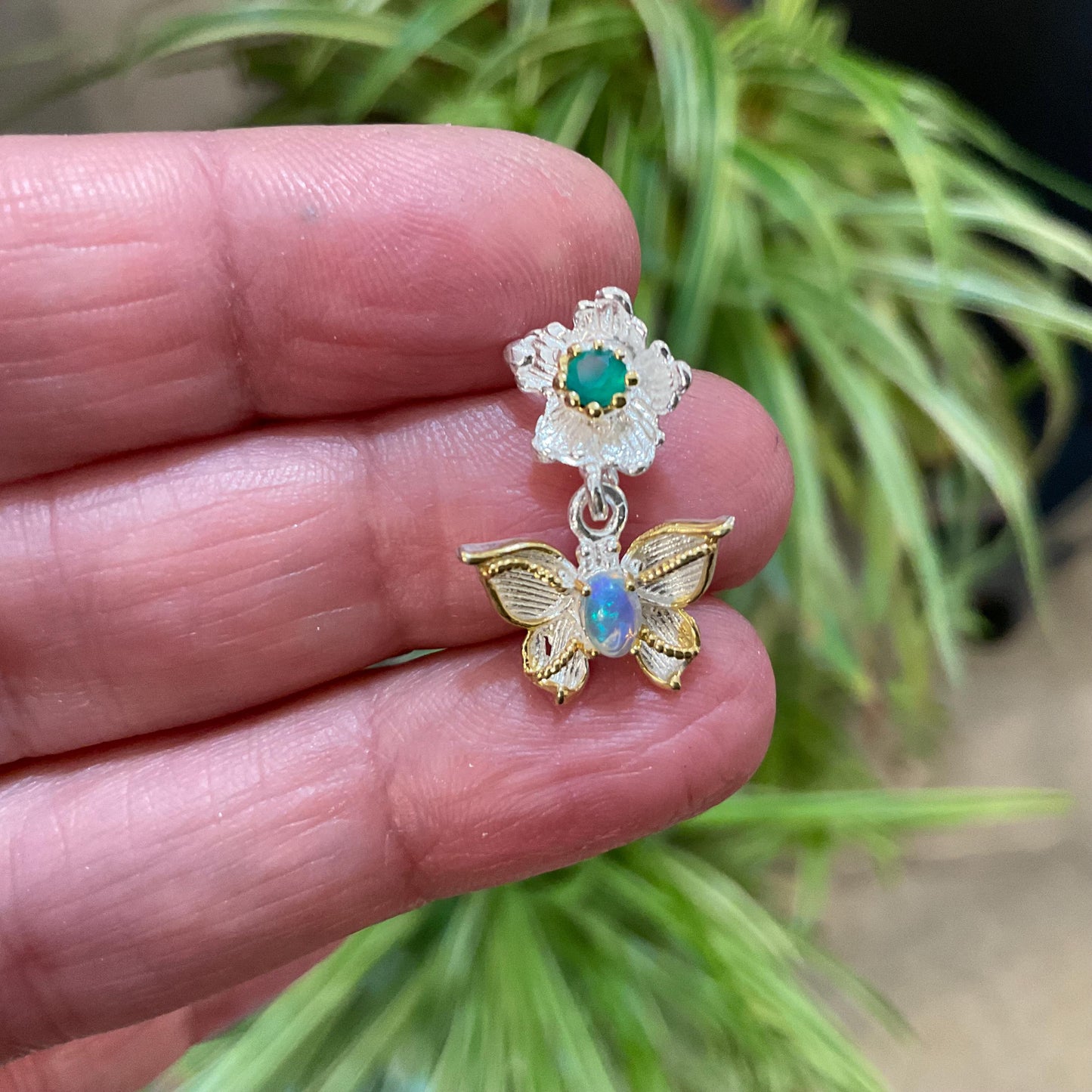 Sterling silver  Natural Rainbow Opal butterfly green onyx pendant