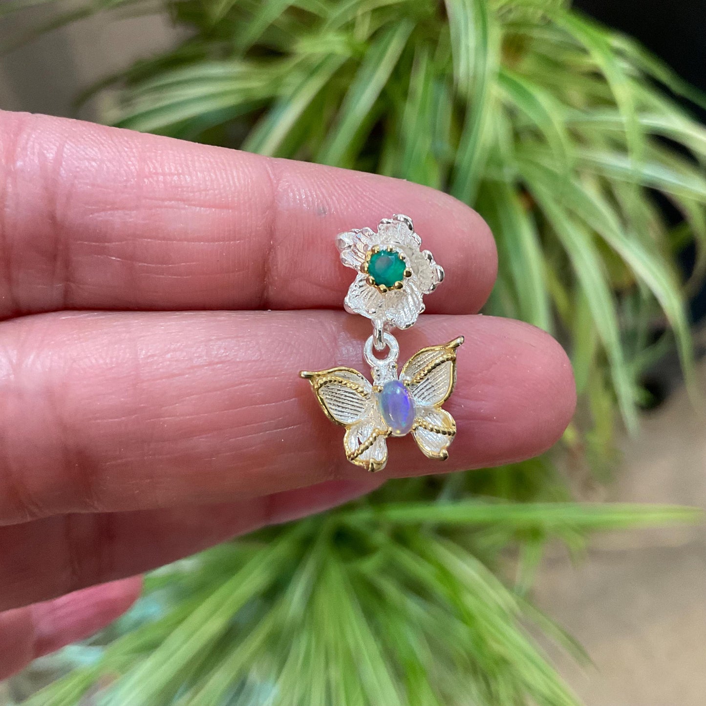 Sterling silver  Natural Rainbow Opal butterfly green onyx pendant