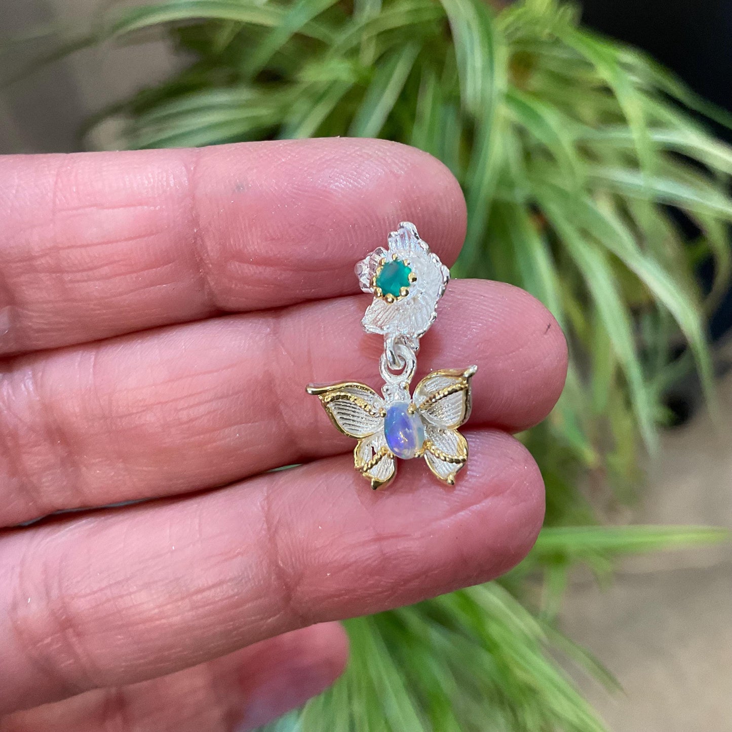 Sterling silver  Natural Rainbow Opal butterfly green onyx pendant