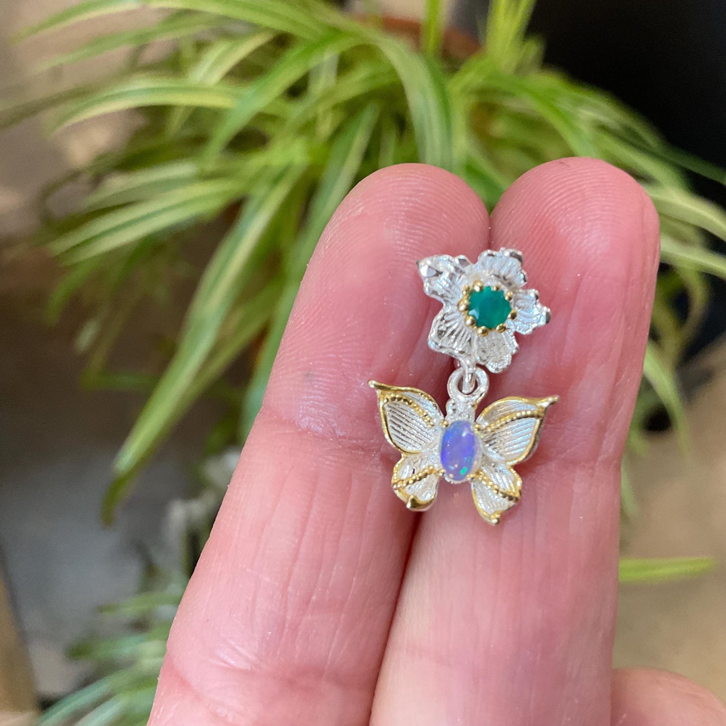 Sterling silver  Natural Rainbow Opal butterfly green onyx pendant