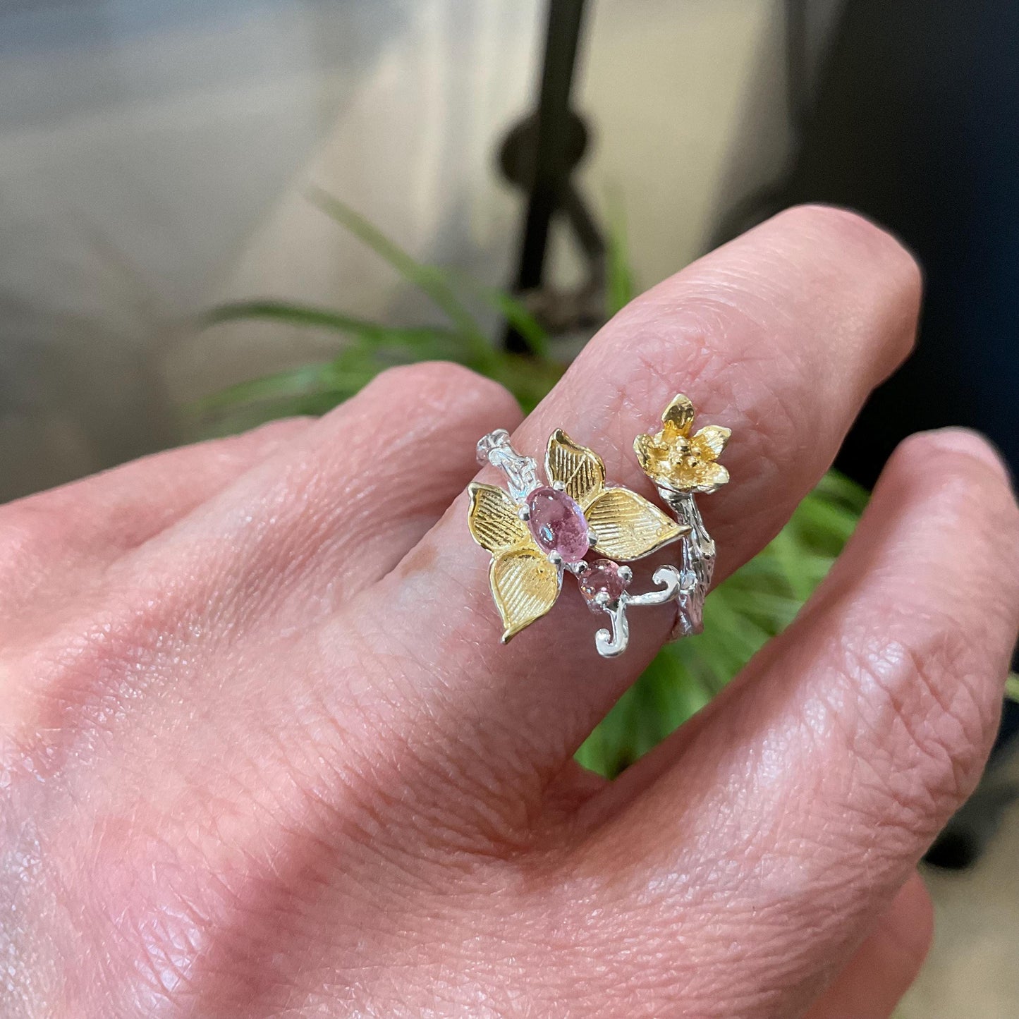 sterling silver butterfly pink tourmaline adjustable open ring 7 7.5 8 8.5