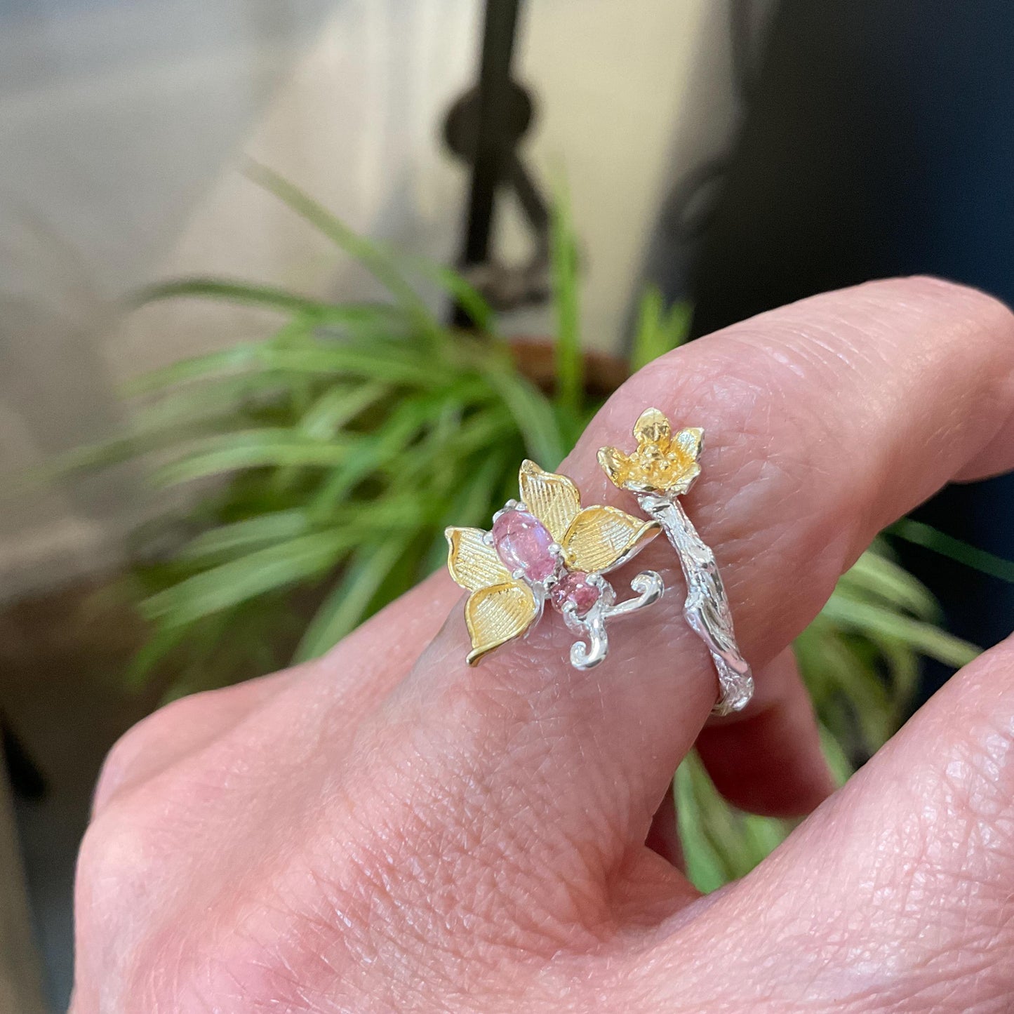 sterling silver butterfly pink tourmaline adjustable open ring 7 7.5 8 8.5