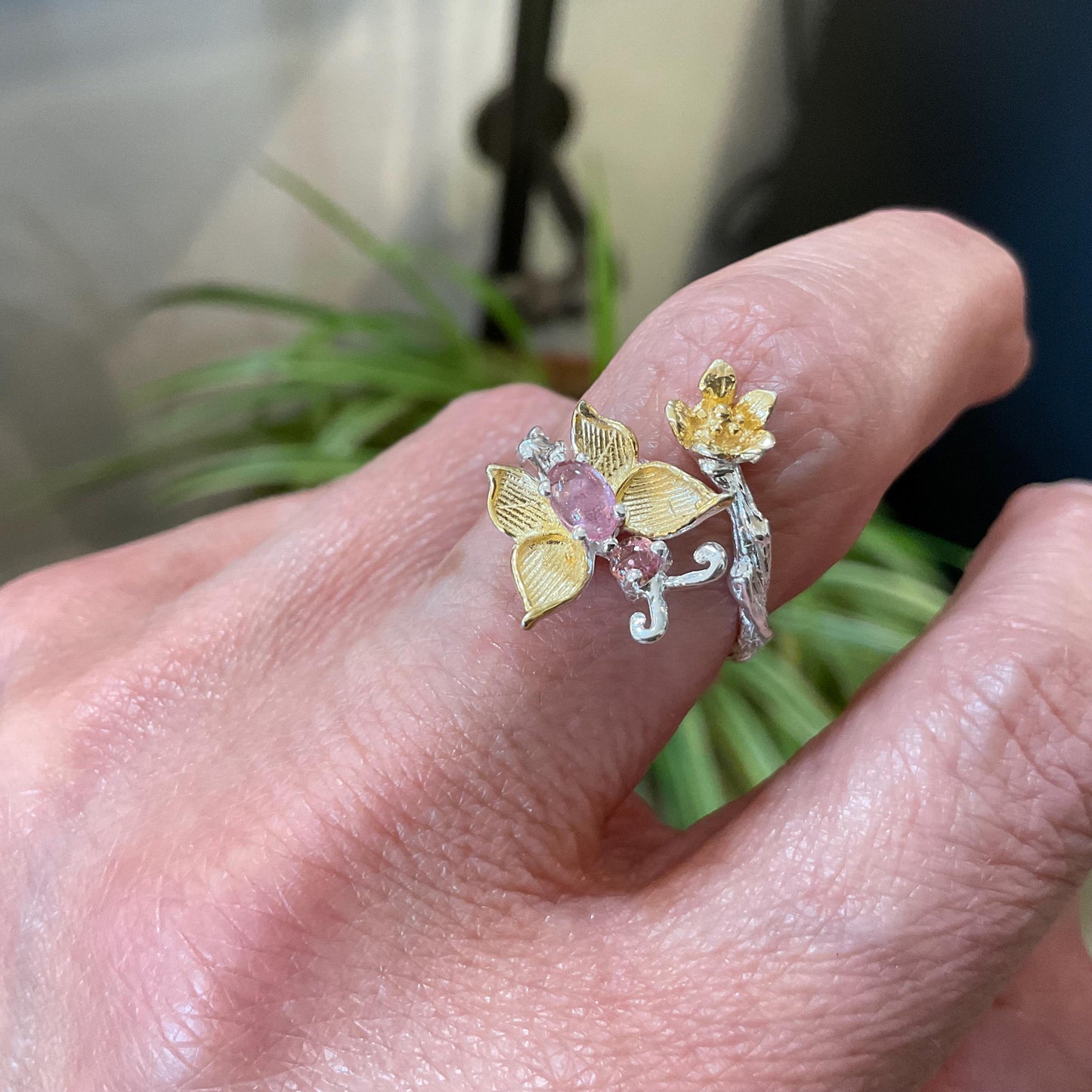 sterling silver butterfly pink tourmaline adjustable open ring 7 7.5 8 8.5