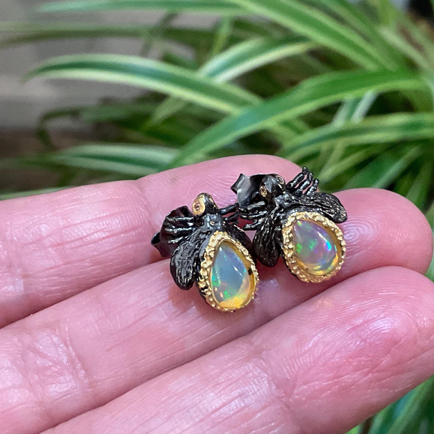 Sterling Silver natural rainbow opal bee stud  earrings