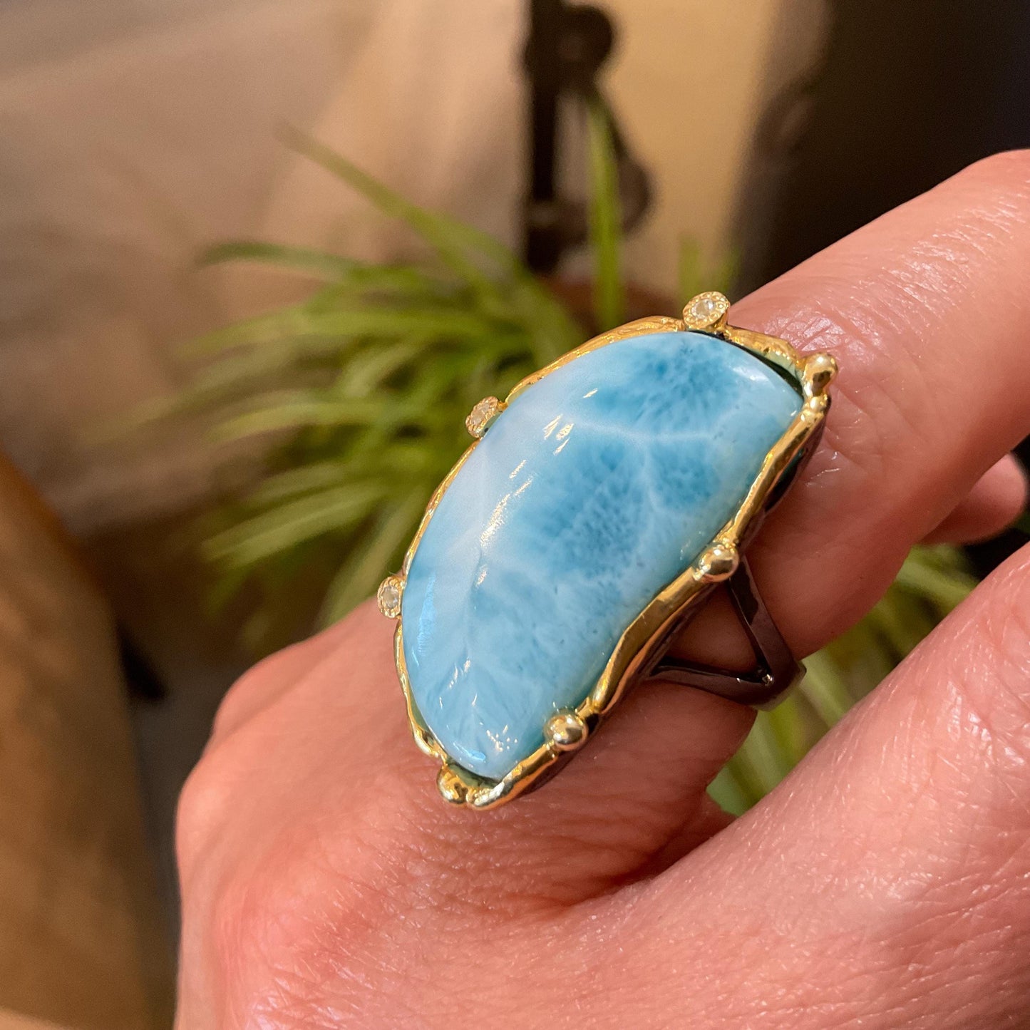 Sterling Statement larimar statement moon shape  ring 7.5