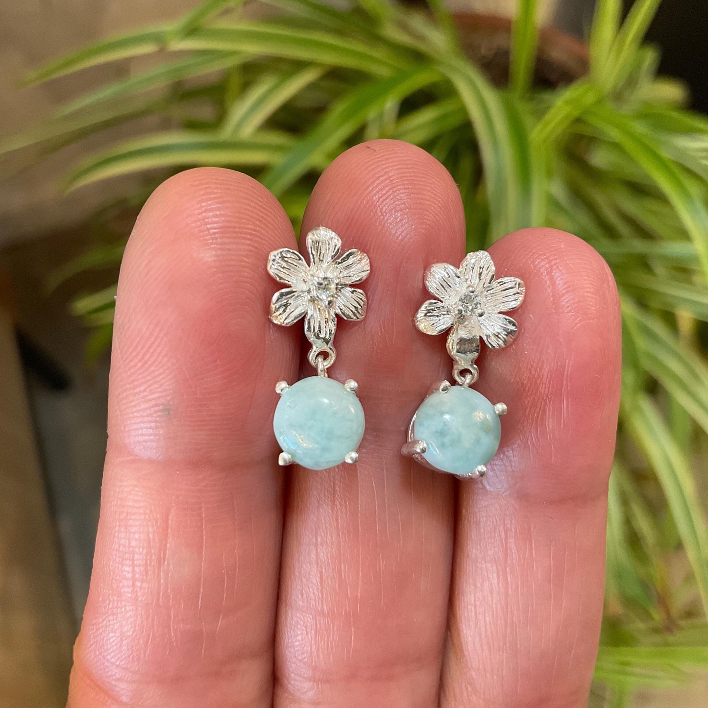 Dominican blue Larimar flower post dangle  Earrings