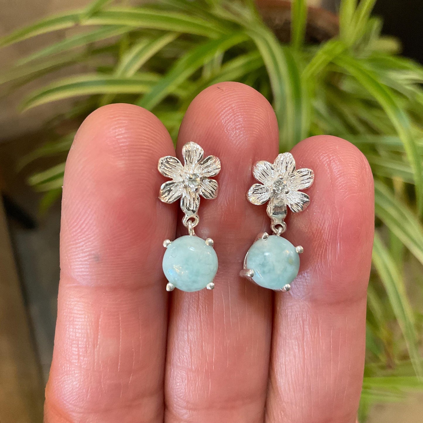 Dominican blue Larimar flower post dangle  Earrings