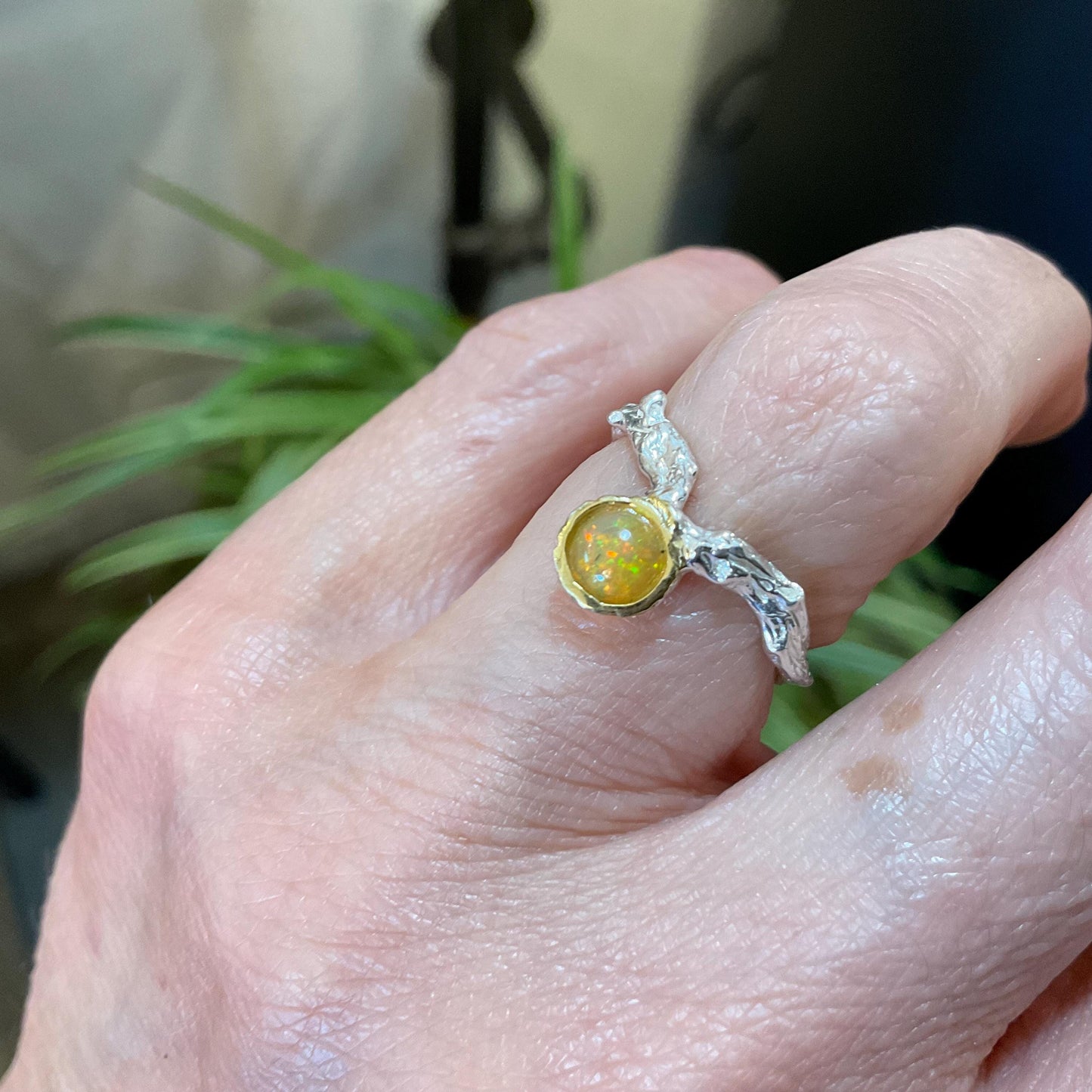 Sterling Silver Handmade rainbow orange Opal Artisan dainty twig ring 5.5