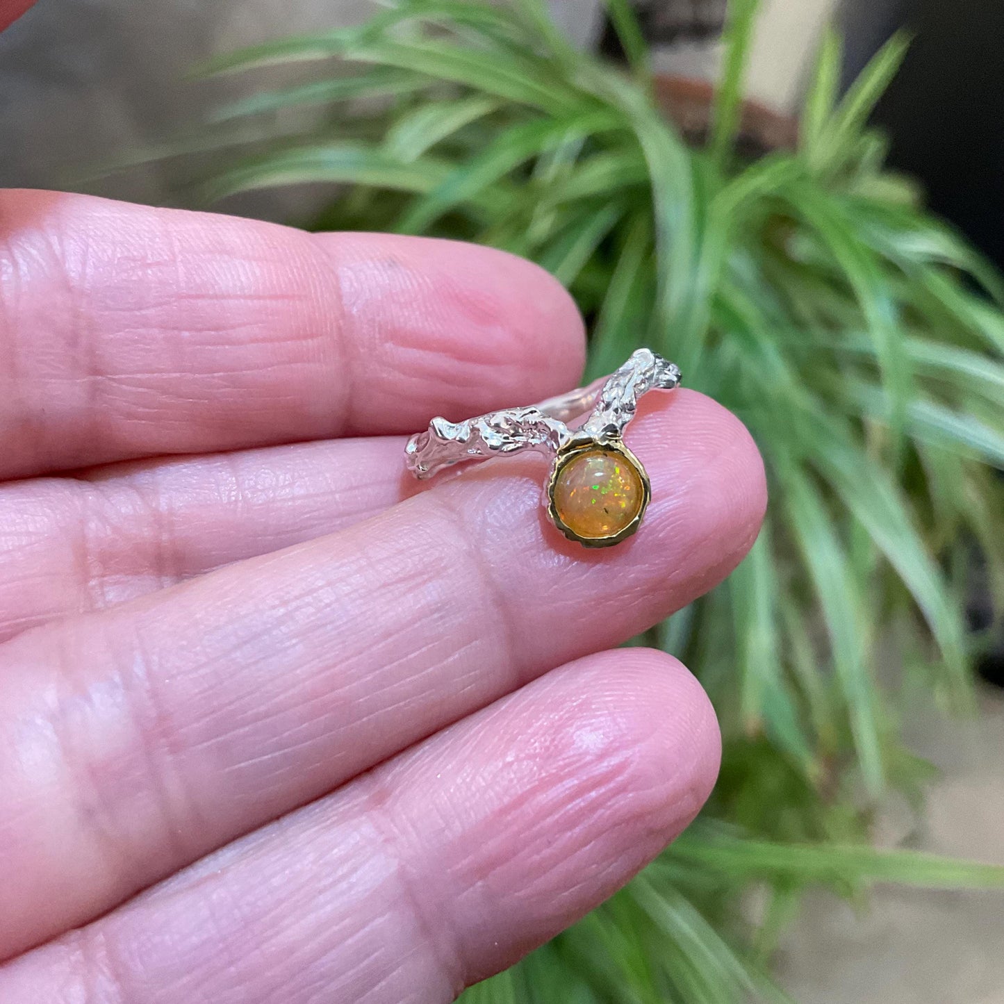 Sterling Silver Handmade rainbow orange Opal Artisan dainty twig ring 5.5
