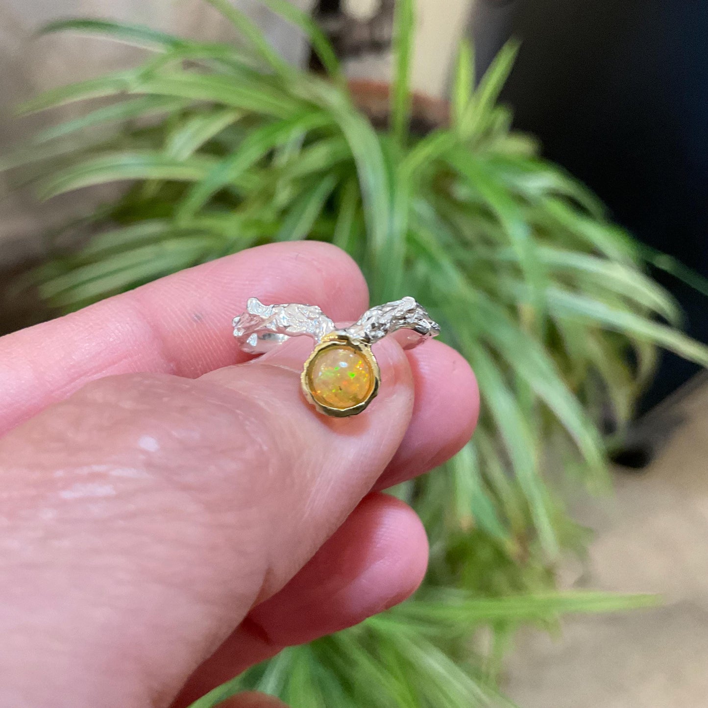 Sterling Silver Handmade rainbow orange Opal Artisan dainty twig ring 5.5