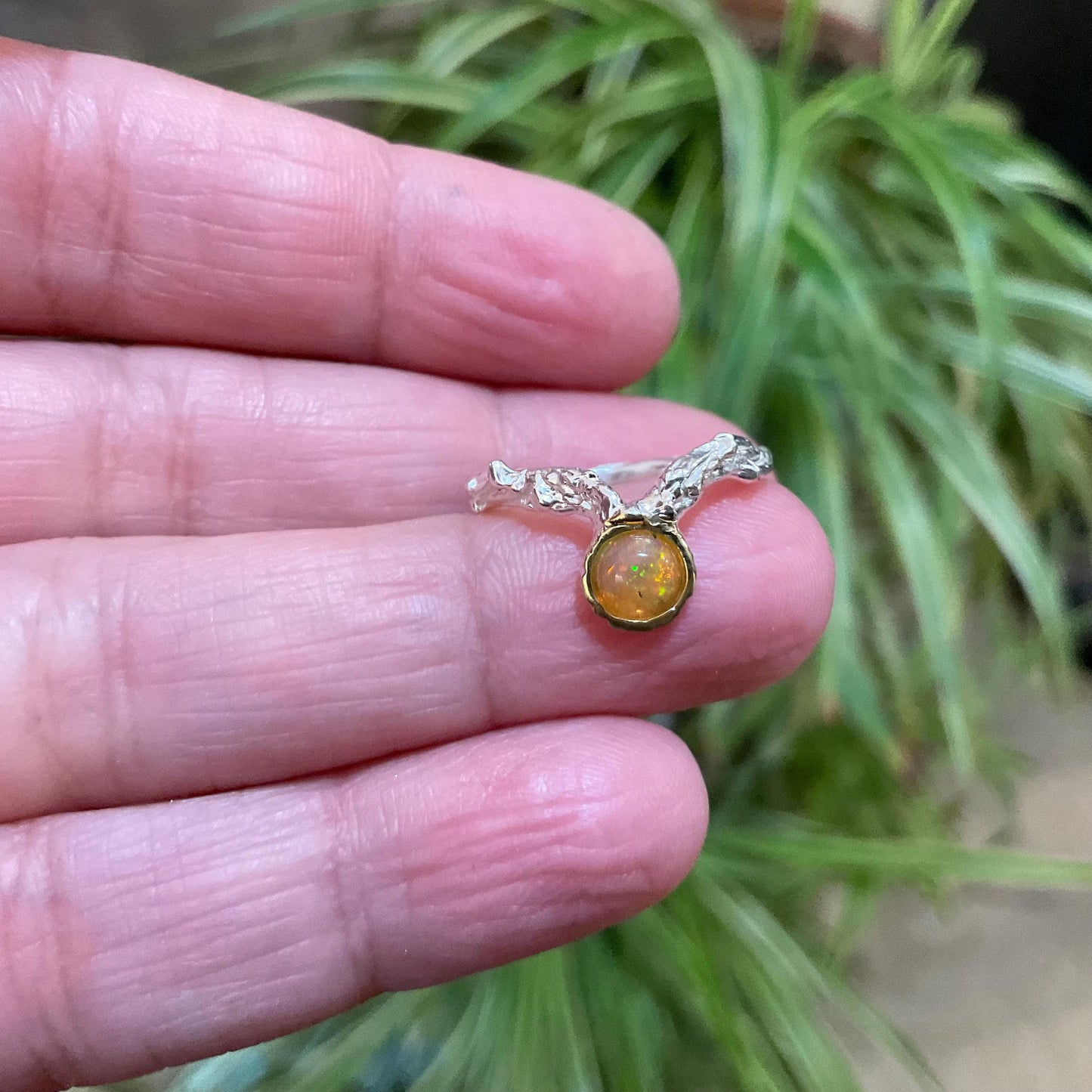 Sterling Silver Handmade rainbow orange Opal Artisan dainty twig ring 5.5