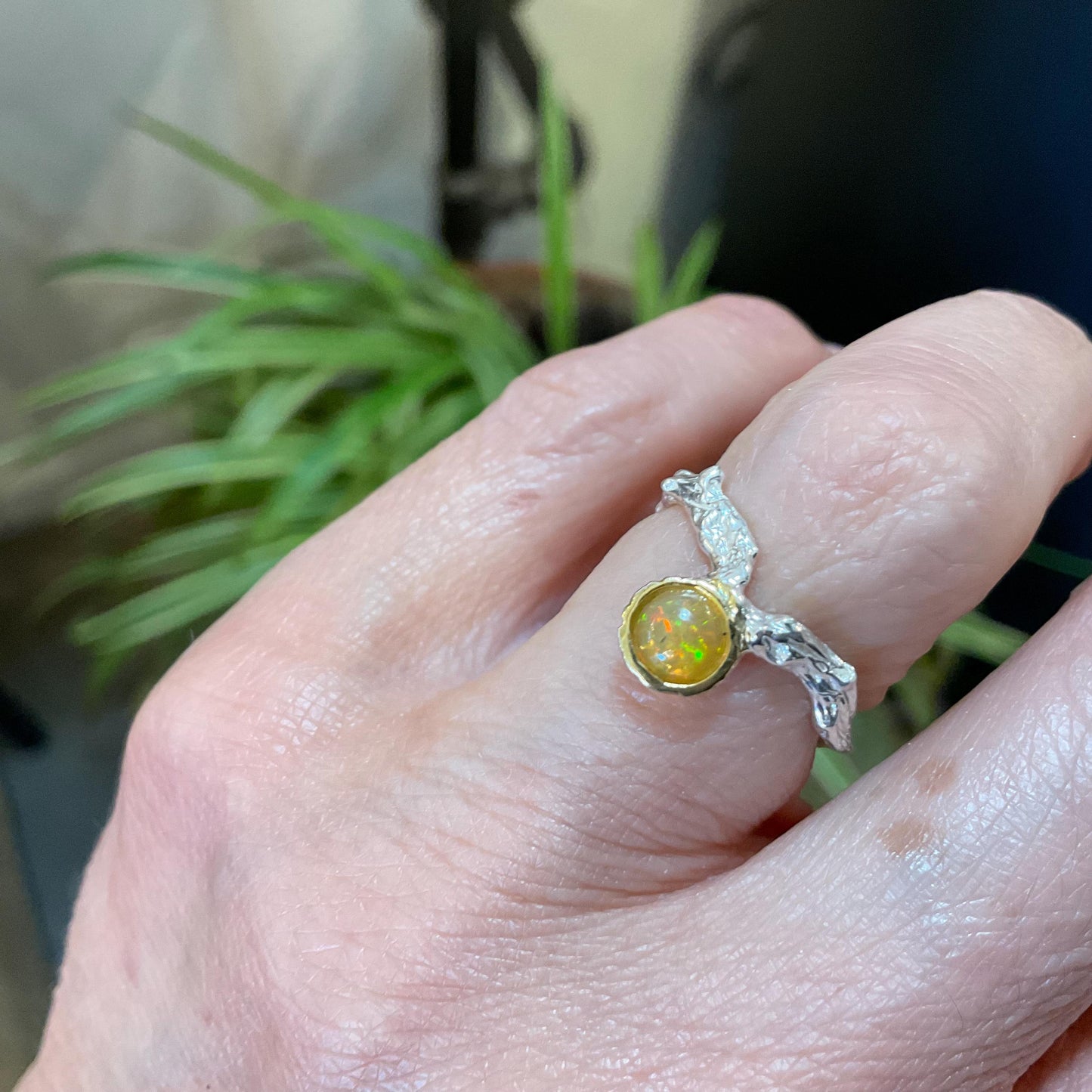 Sterling Silver Handmade rainbow orange Opal Artisan dainty twig ring 5.5